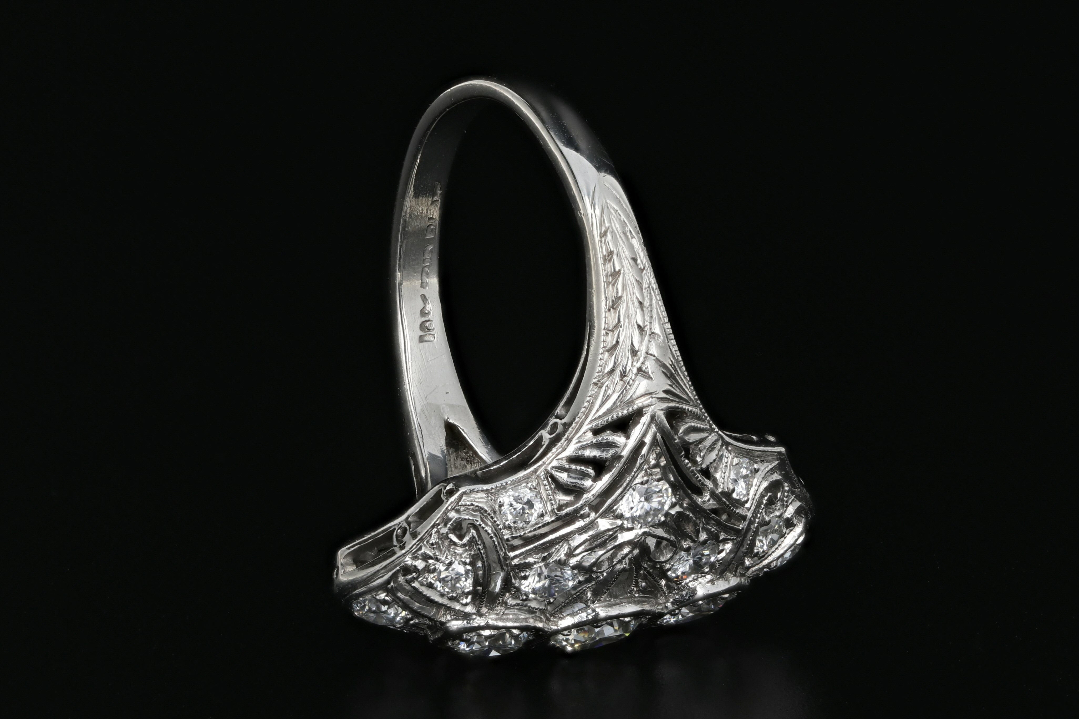 Art Deco Platinum .60 Carat Diamond Weight Total Shield Ring - Queen May