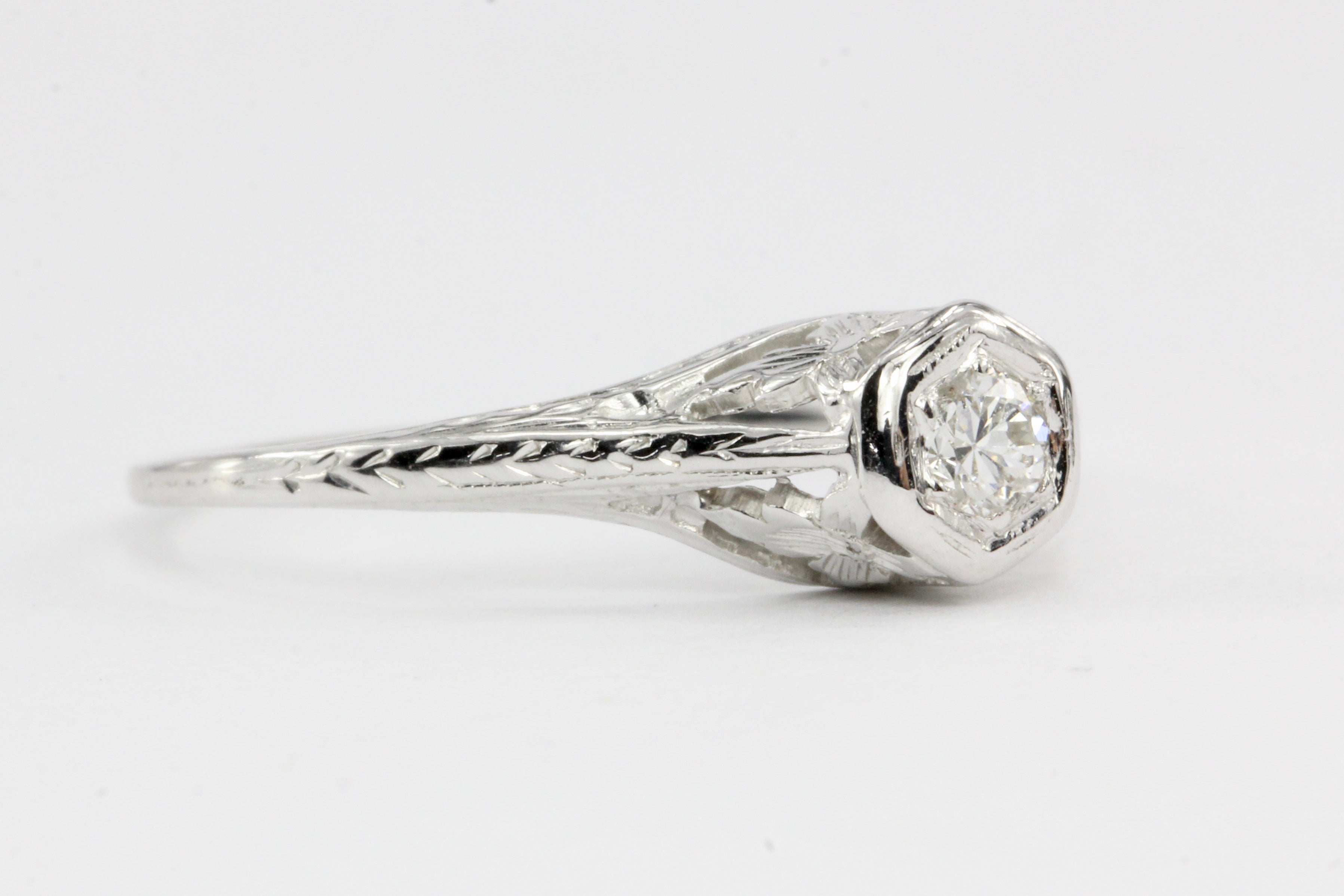 Art Deco 14K White Gold .09CT Diamond Ring - Queen May