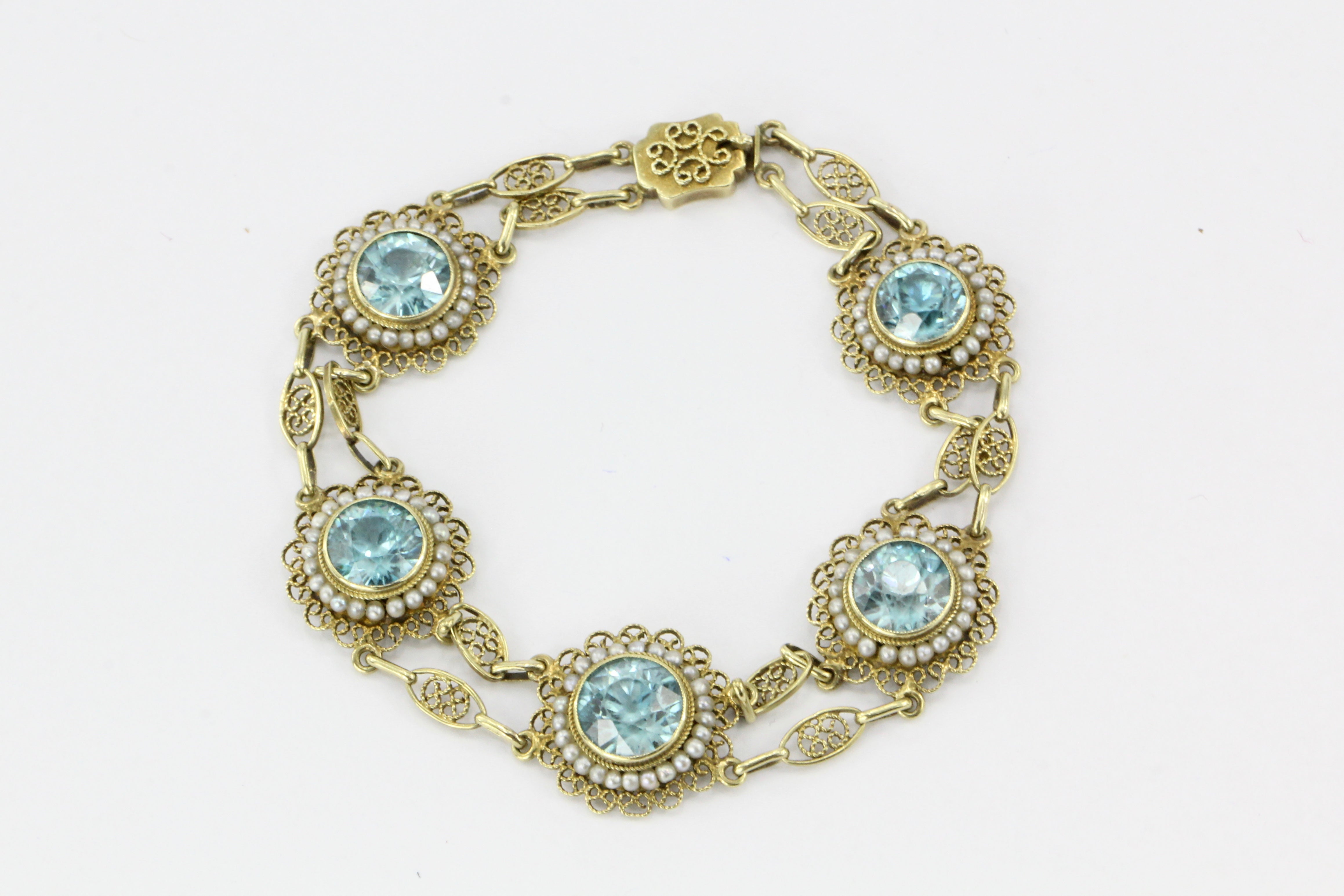 14K Yellow Gold Victorian Style 12 CTW Blue Zircon with Seed Pearl Bracelet - Queen May