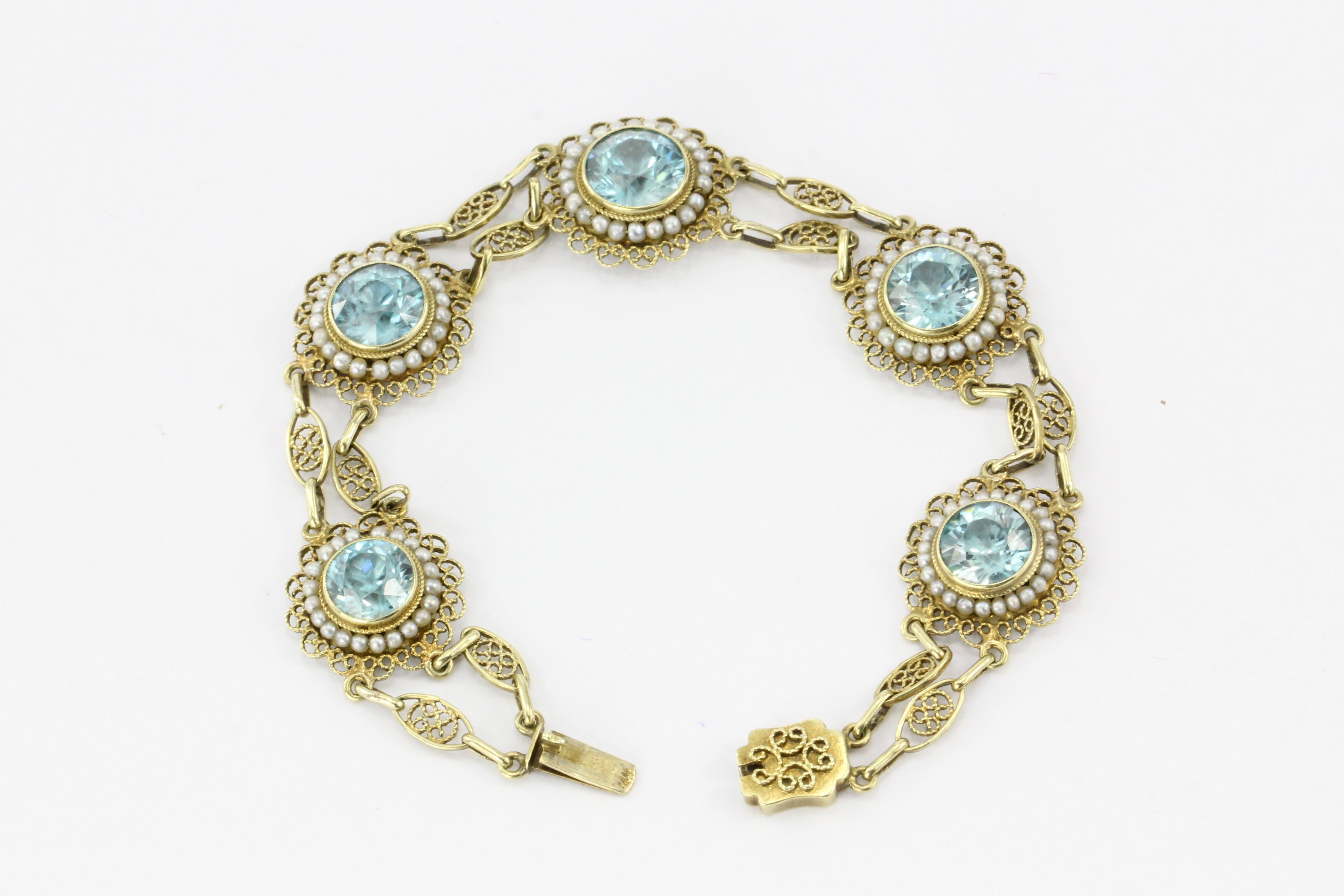 14K Yellow Gold Victorian Style 12 CTW Blue Zircon with Seed Pearl Bracelet - Queen May