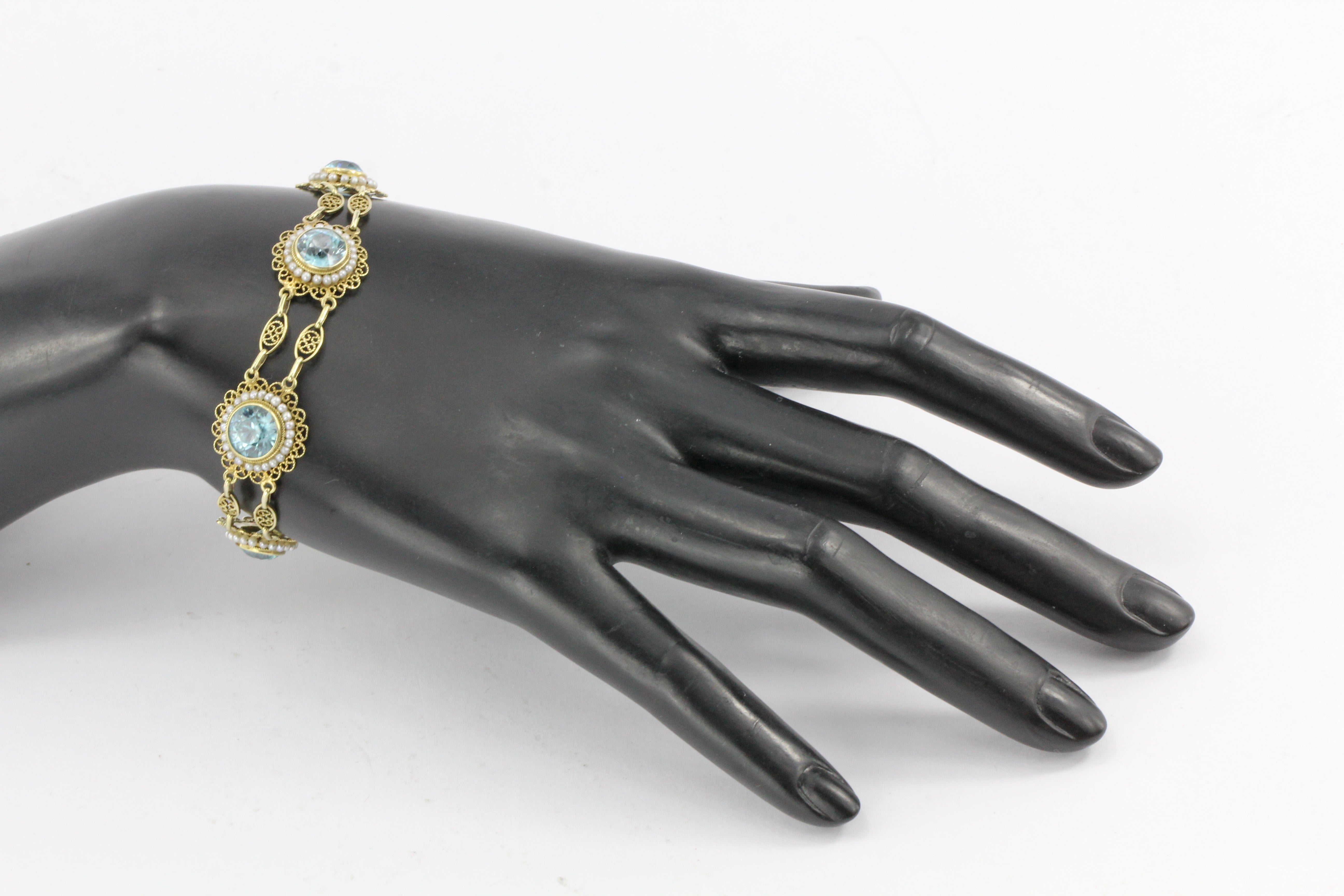 14K Yellow Gold Victorian Style 12 CTW Blue Zircon with Seed Pearl Bracelet - Queen May