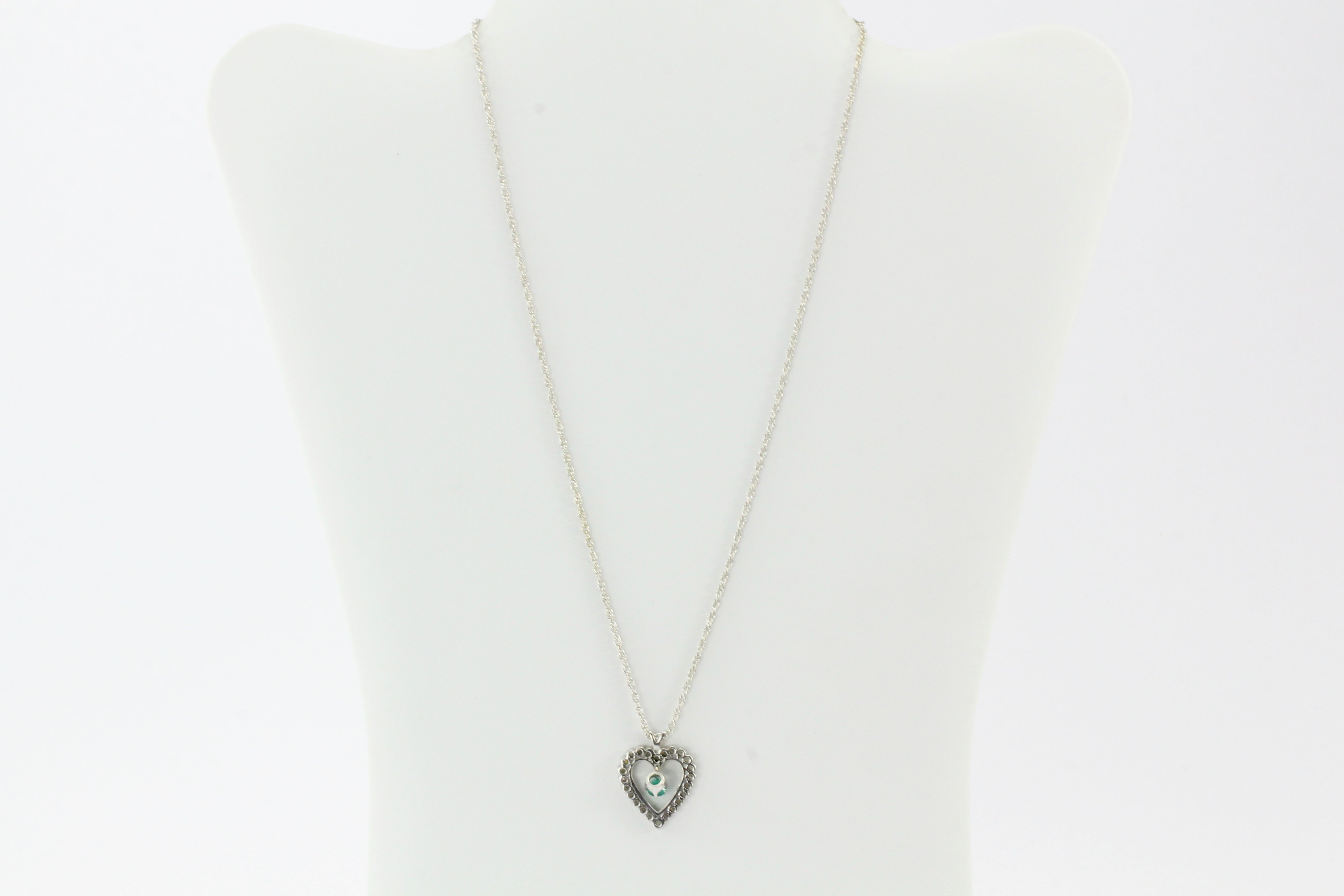14K White Gold Emerald and Diamond Heart Necklace - Queen May