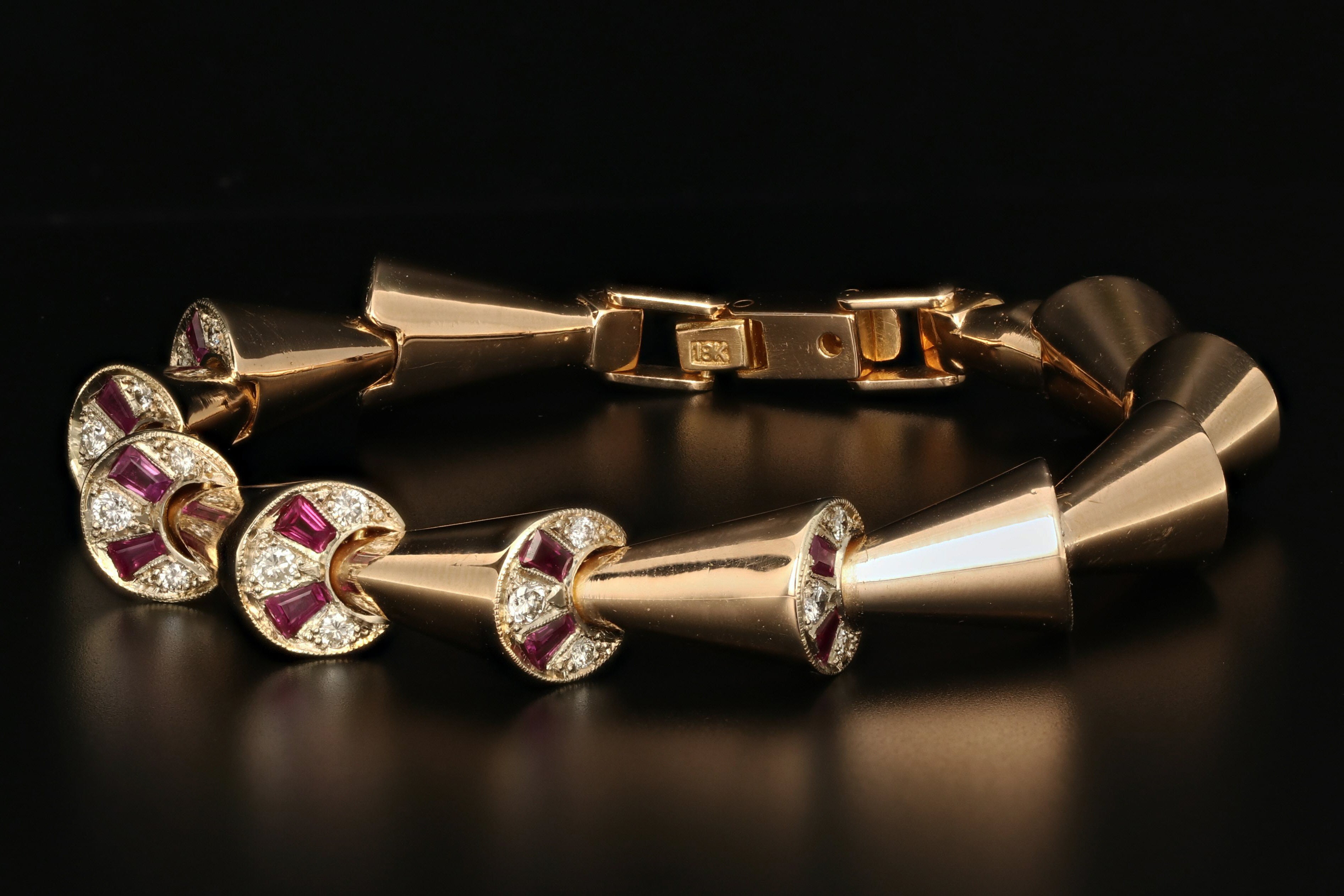 Retro 18K Rose Gold Diamond & Ruby Peek-a-Boo Bracelet c.1950's - Queen May
