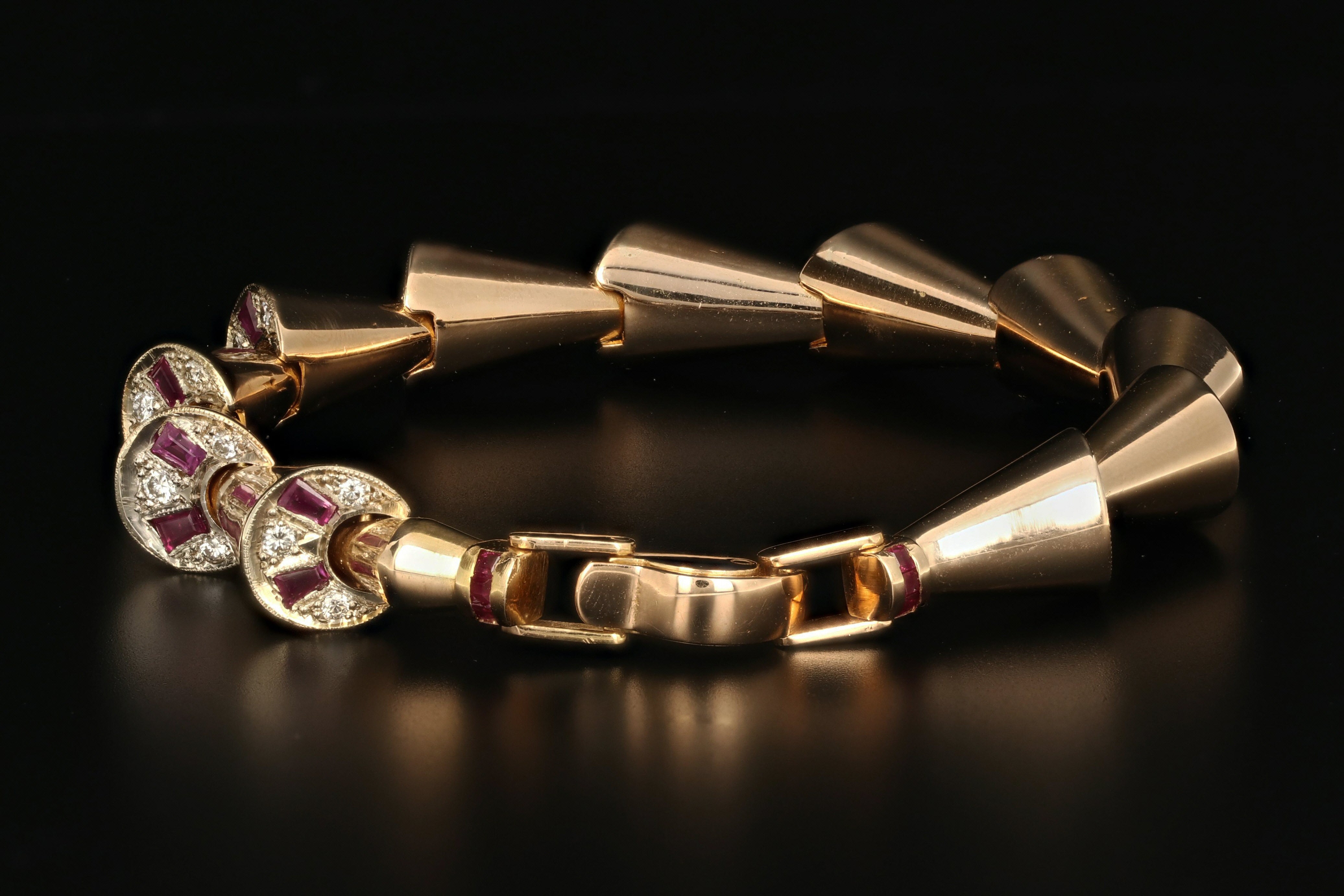 Retro 18K Rose Gold Diamond & Ruby Peek-a-Boo Bracelet c.1950's - Queen May