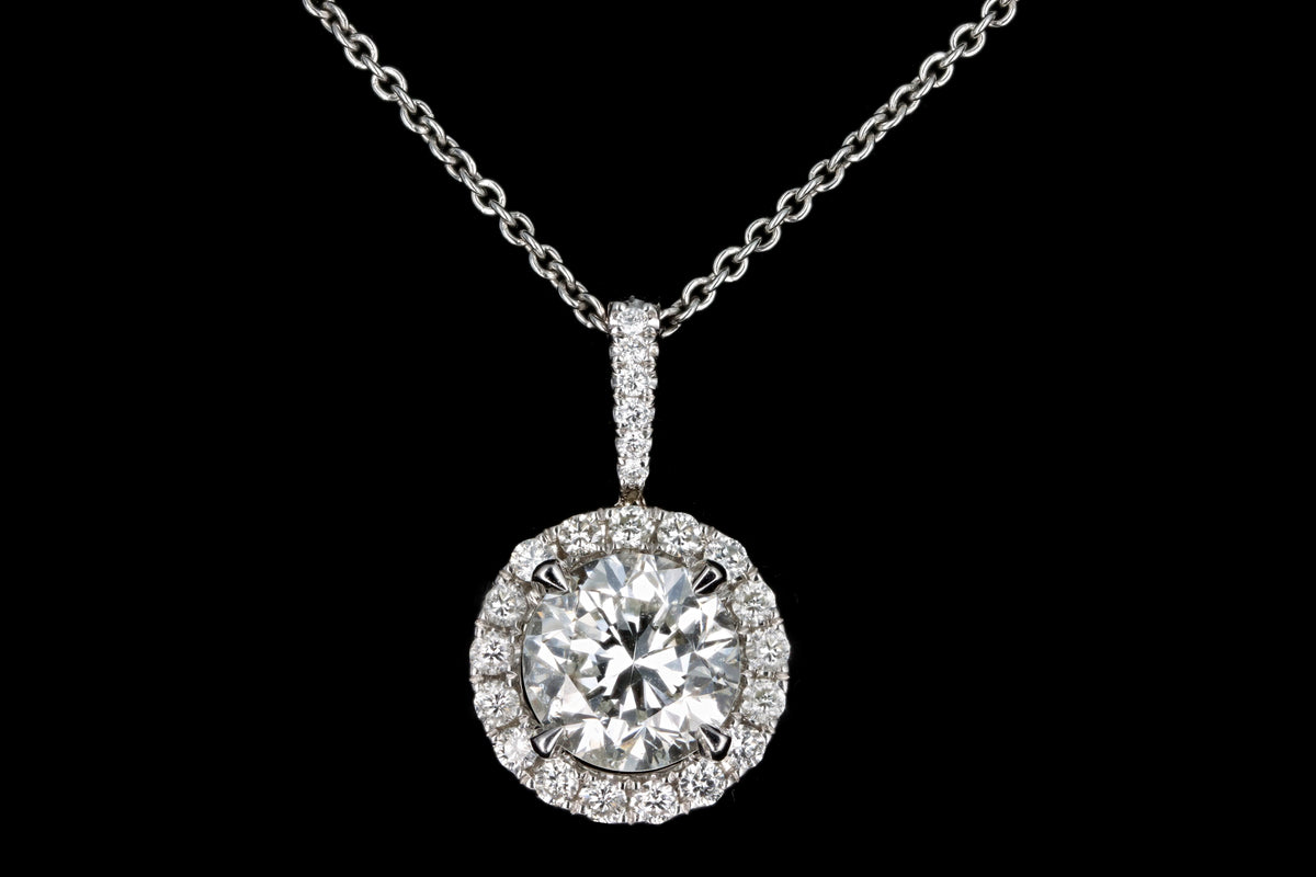 18K White Gold 1.53 Carat Round Brilliant Diamond Halo Pendant Necklace IGI Appraisal - Queen May