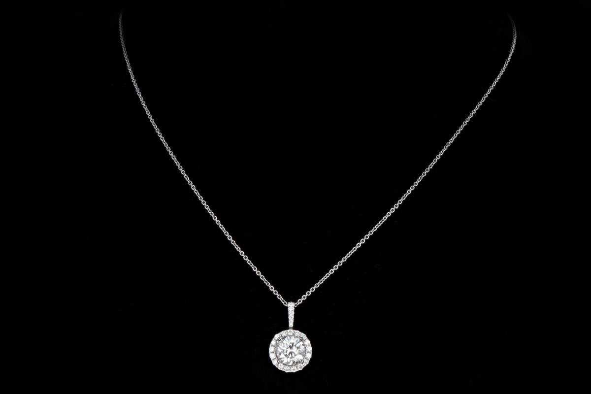 18K White Gold 1.53 Carat Round Brilliant Diamond Halo Pendant Necklace IGI Appraisal - Queen May