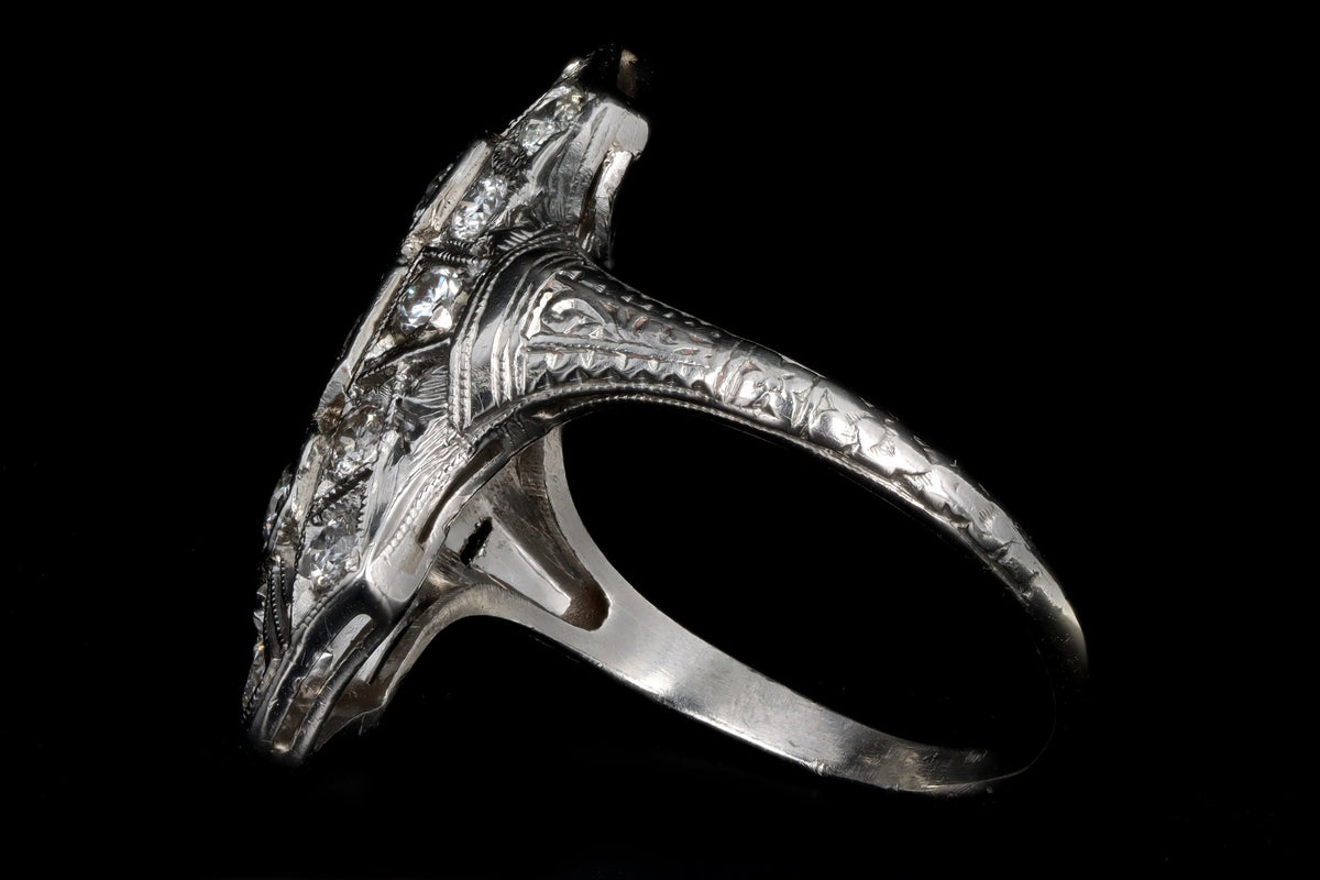 Art Deco Platinum 1 Carat Total Weight Transition Cut Diamond Shield Ring - Queen May