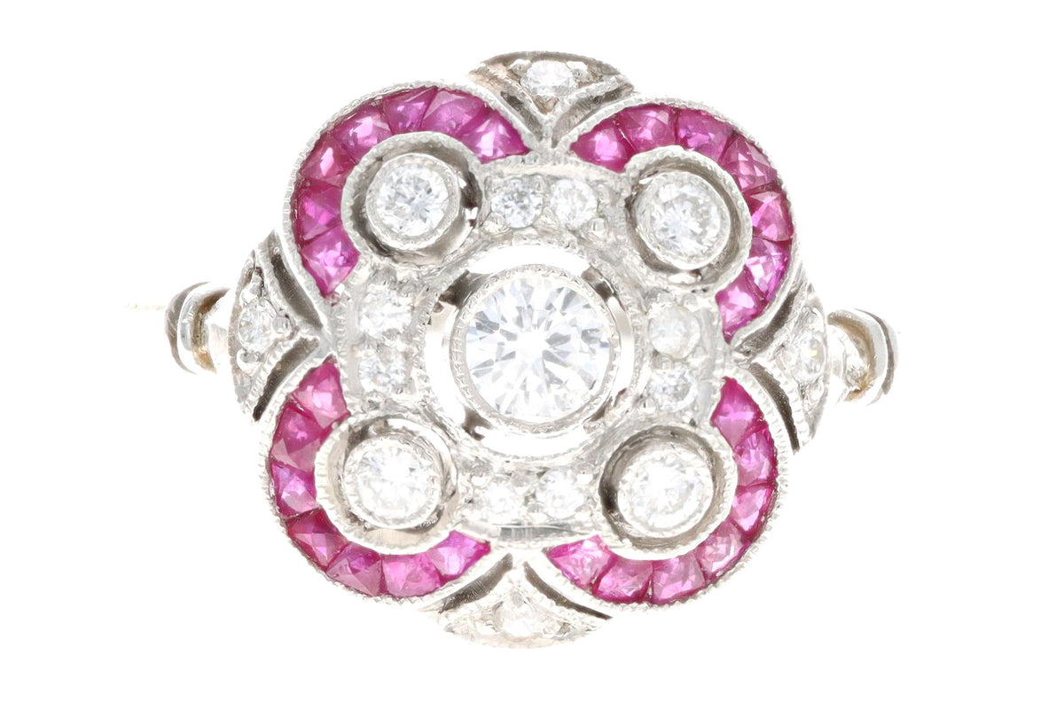 Art Deco Inspired Platinum Diamond & French Cut Natural Ruby Ring - Queen May
