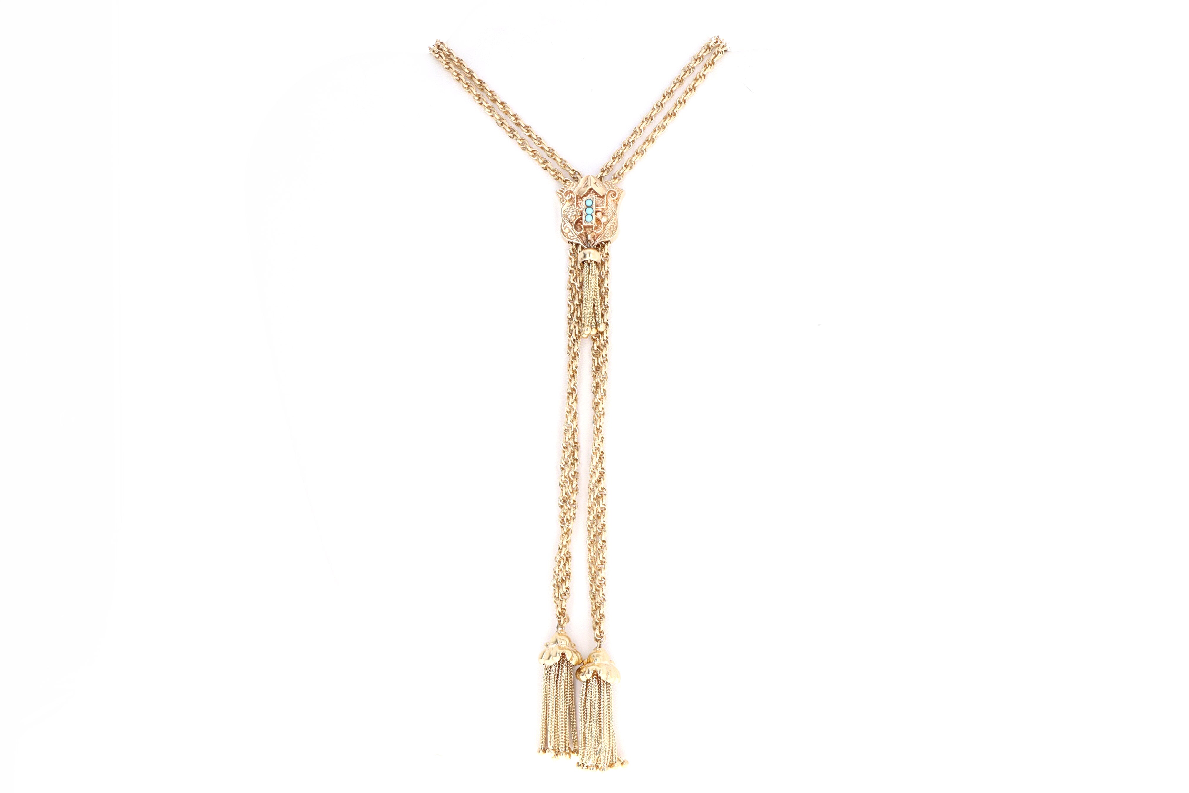 Victorian Revival 14K Yellow Gold Turquoise Lariat Necklace - Queen May