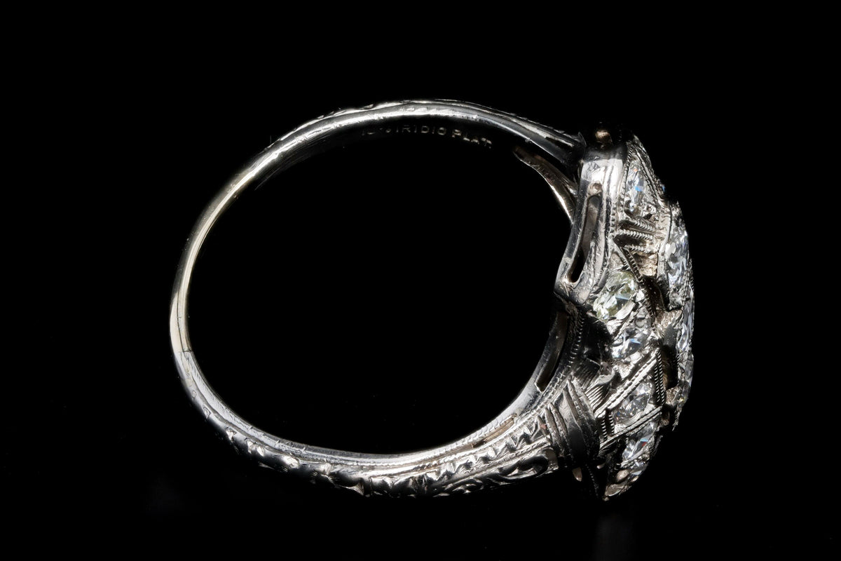 Art Deco Platinum 1 Carat Total Weight Transition Cut Diamond Shield Ring - Queen May