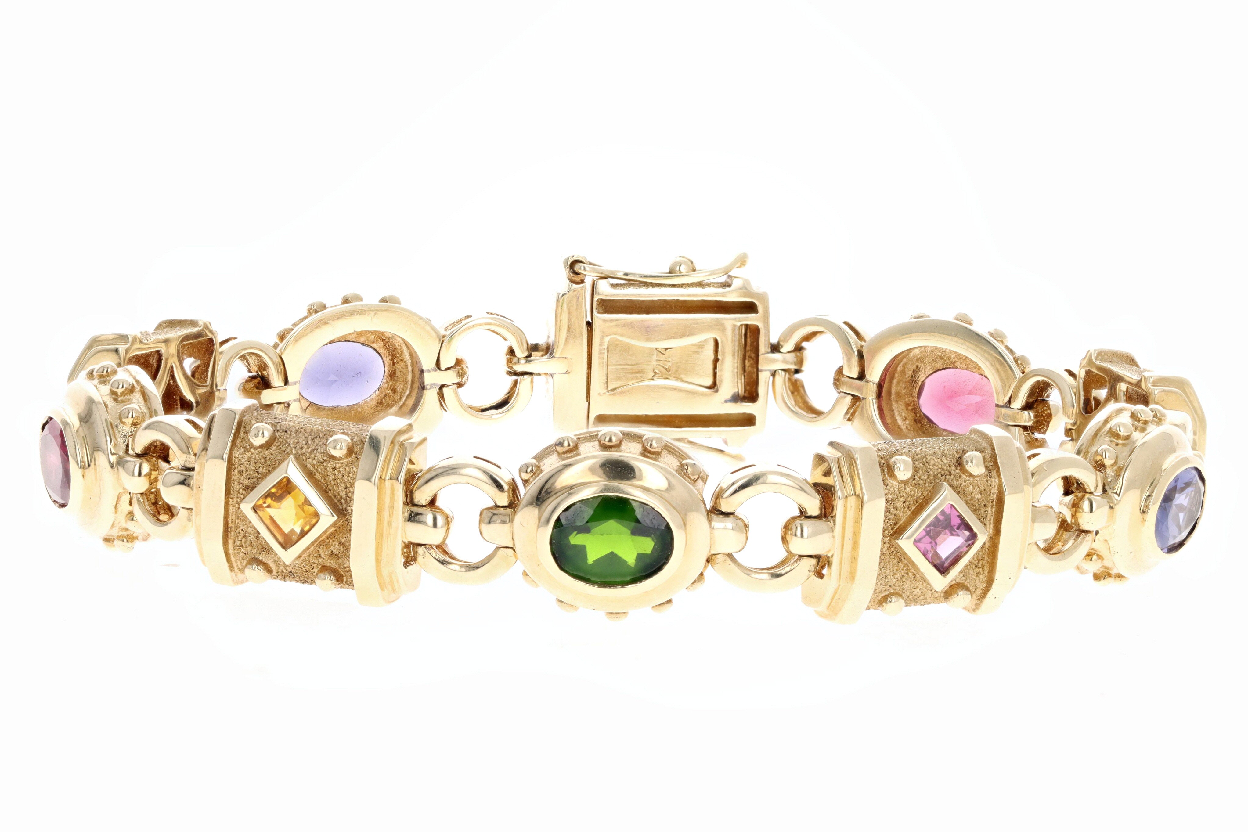 Vintage 14K Yellow Gold Multi Gem Link Bracelet - Queen May