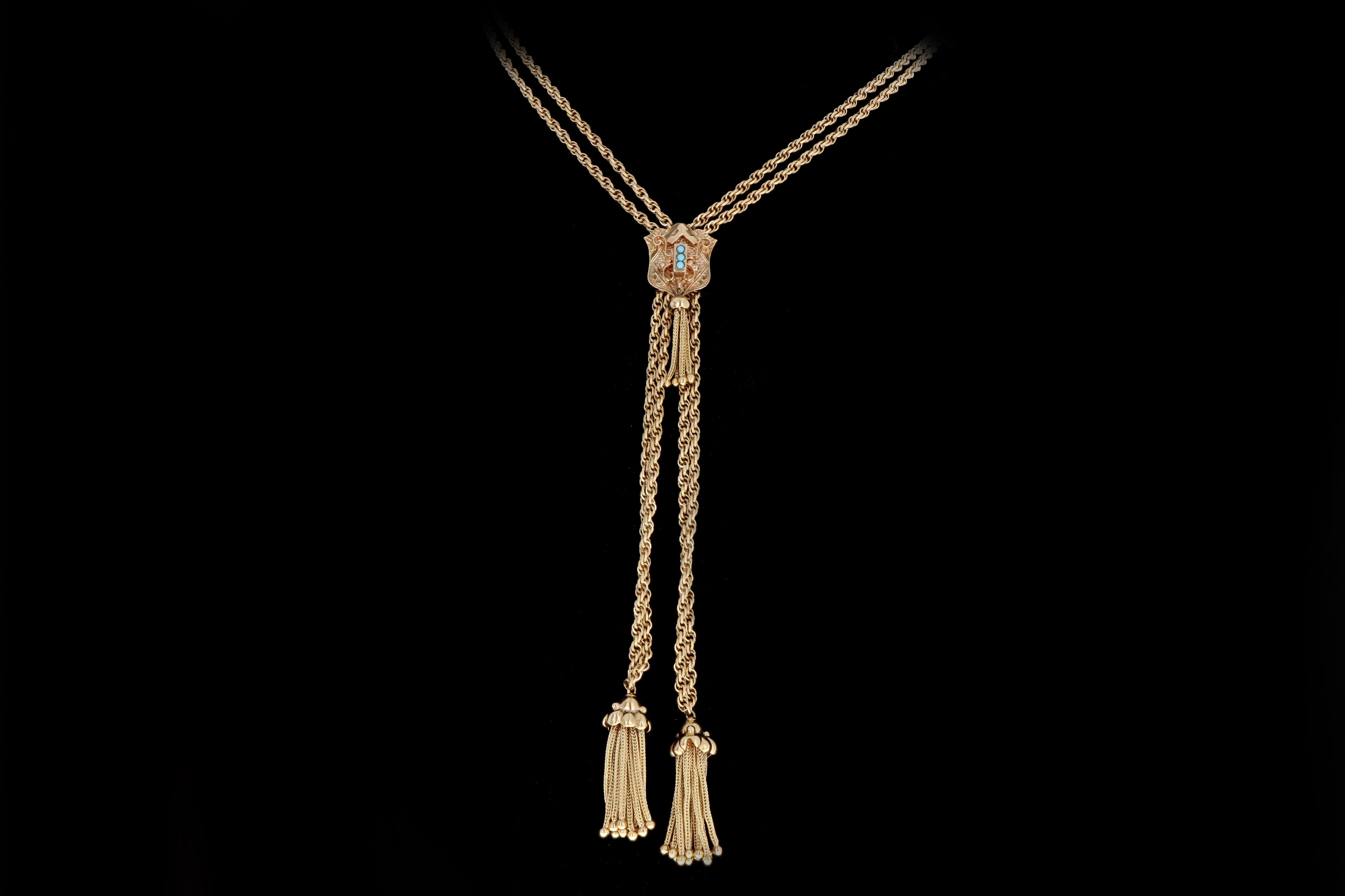 Victorian Revival 14K Yellow Gold Turquoise Lariat Necklace - Queen May