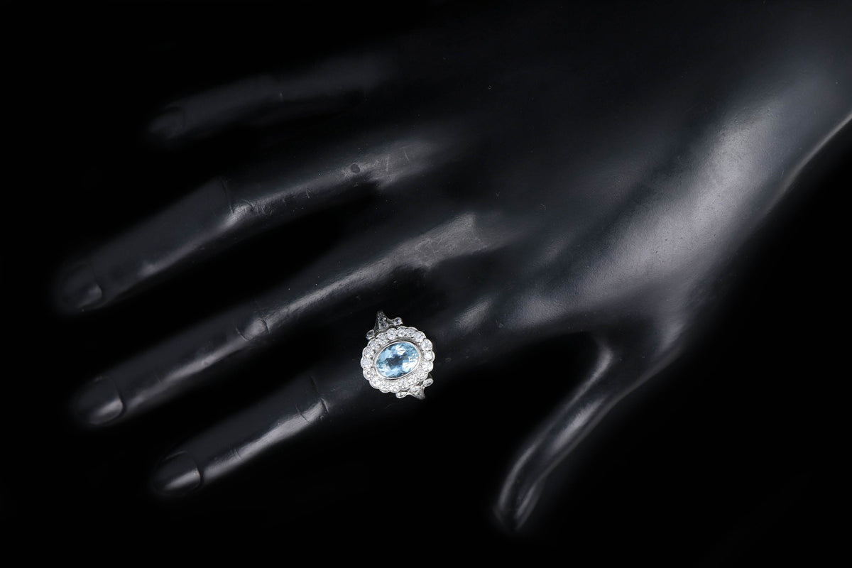 Art Deco Inspired Platinum 1.50 Carat Aquamarine & Diamond Halo Ring - Queen May