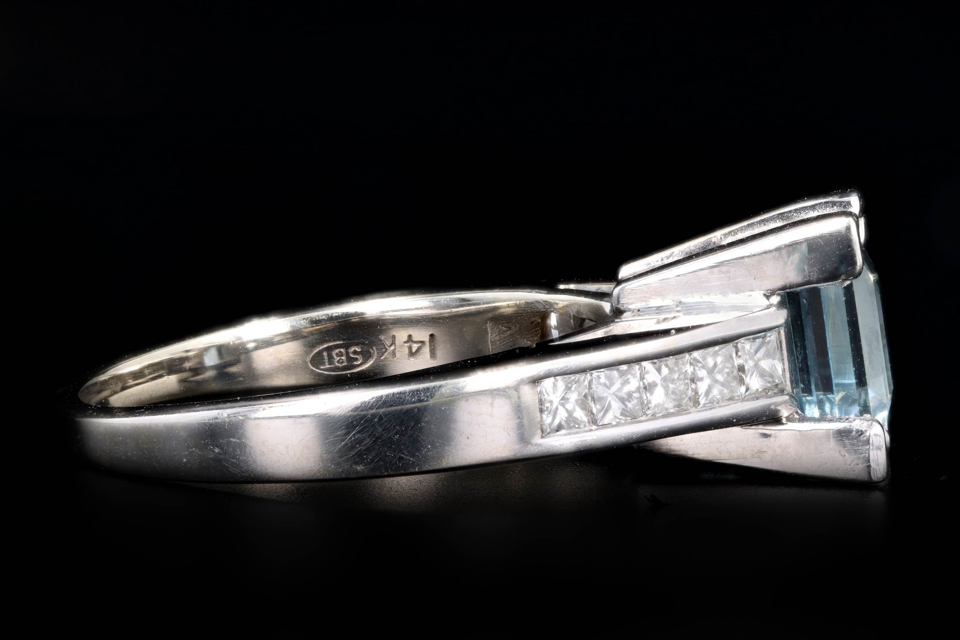 14K White Gold 2 Carat Aquamarine & Princess Cut Diamond Ring - Queen May