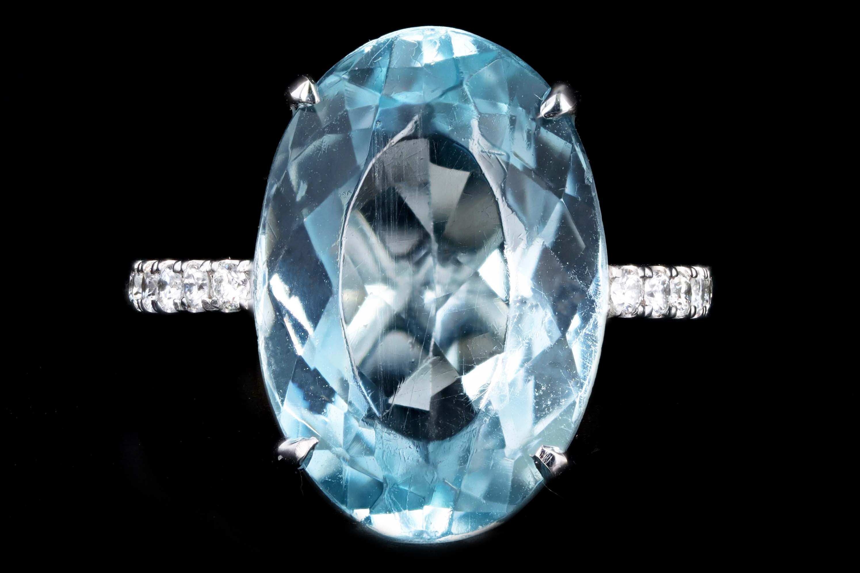 Platinum 14.0 Carat Oval Aquamarine & Diamond Ring - Queen May