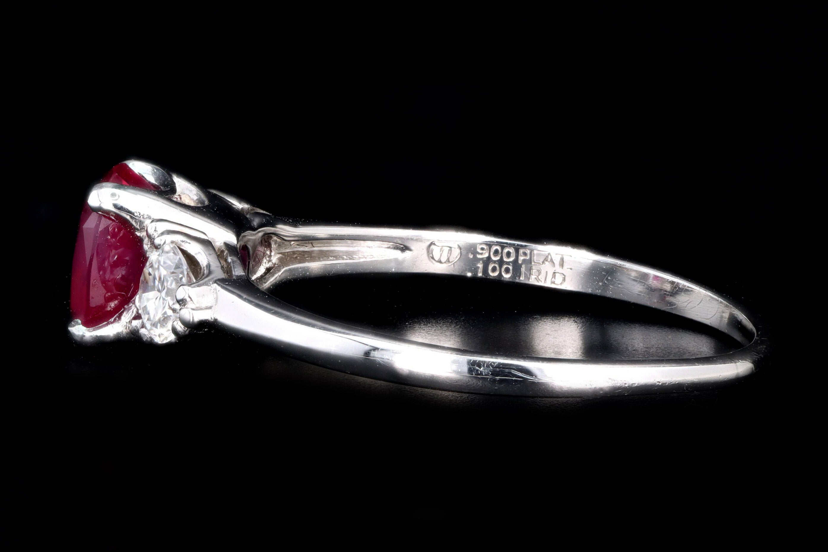 Platinum 1.45 Carat Cushion Cut Natural No Heat Burma Ruby Ring AGL Certified - Queen May