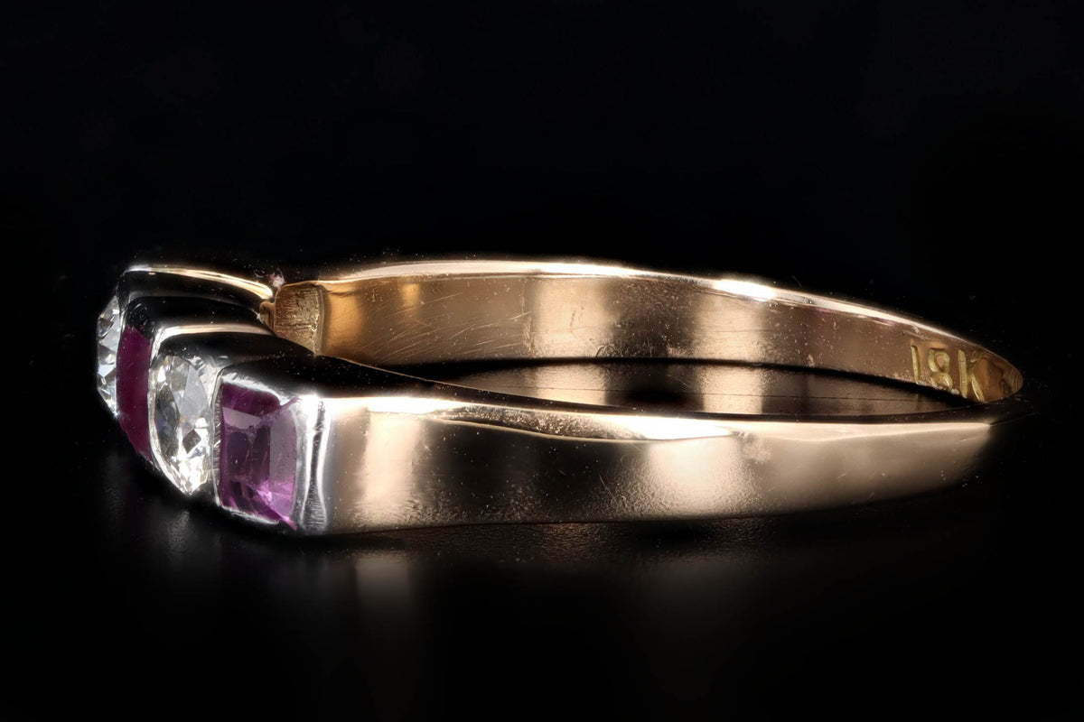 Art Deco Platinum & 18K Yellow Gold Natural Ruby & Old European Cut Diamond Band - Queen May