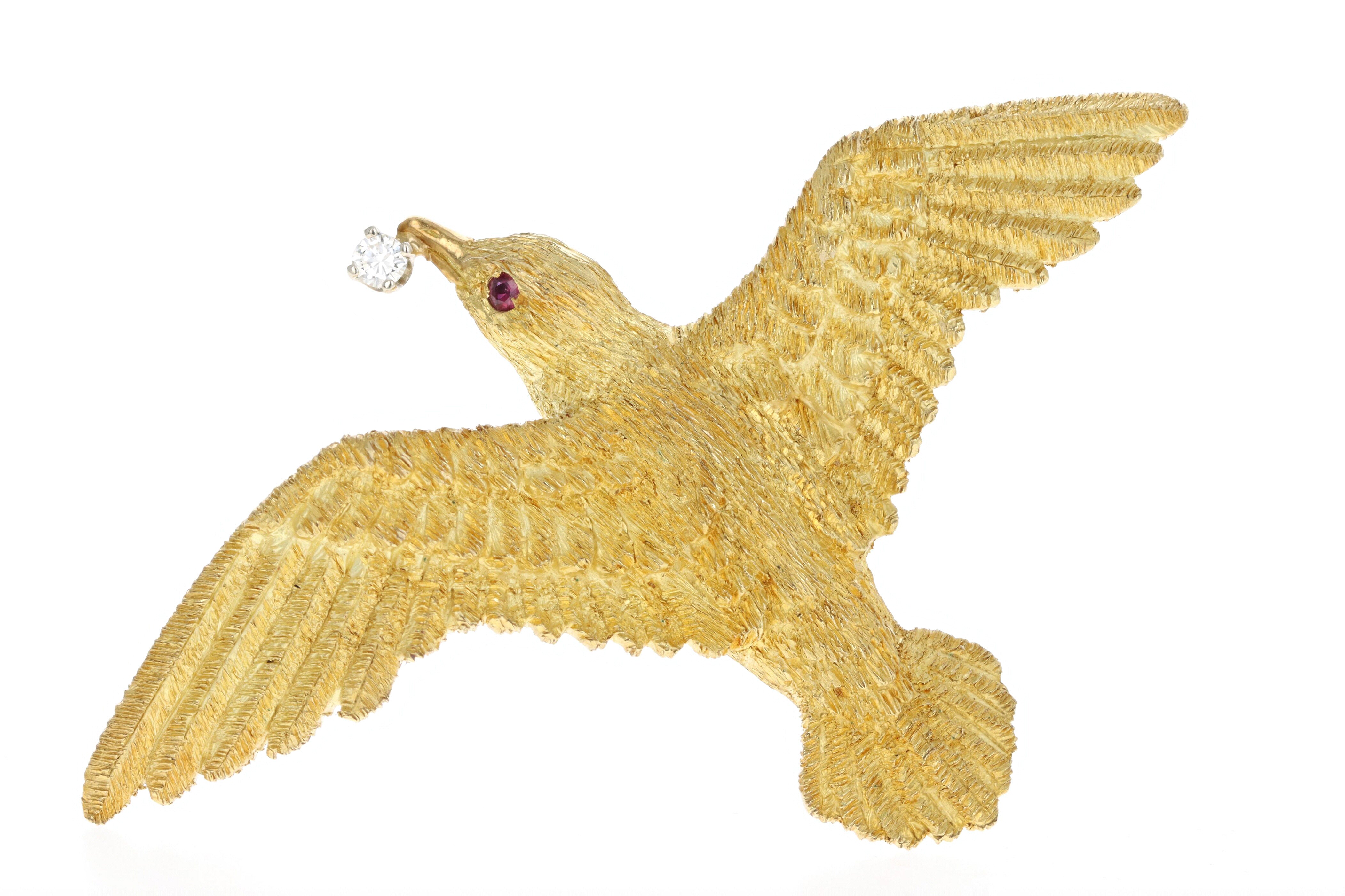 Vintage 18K Yellow Gold Diamond Dove Brooch - Queen May