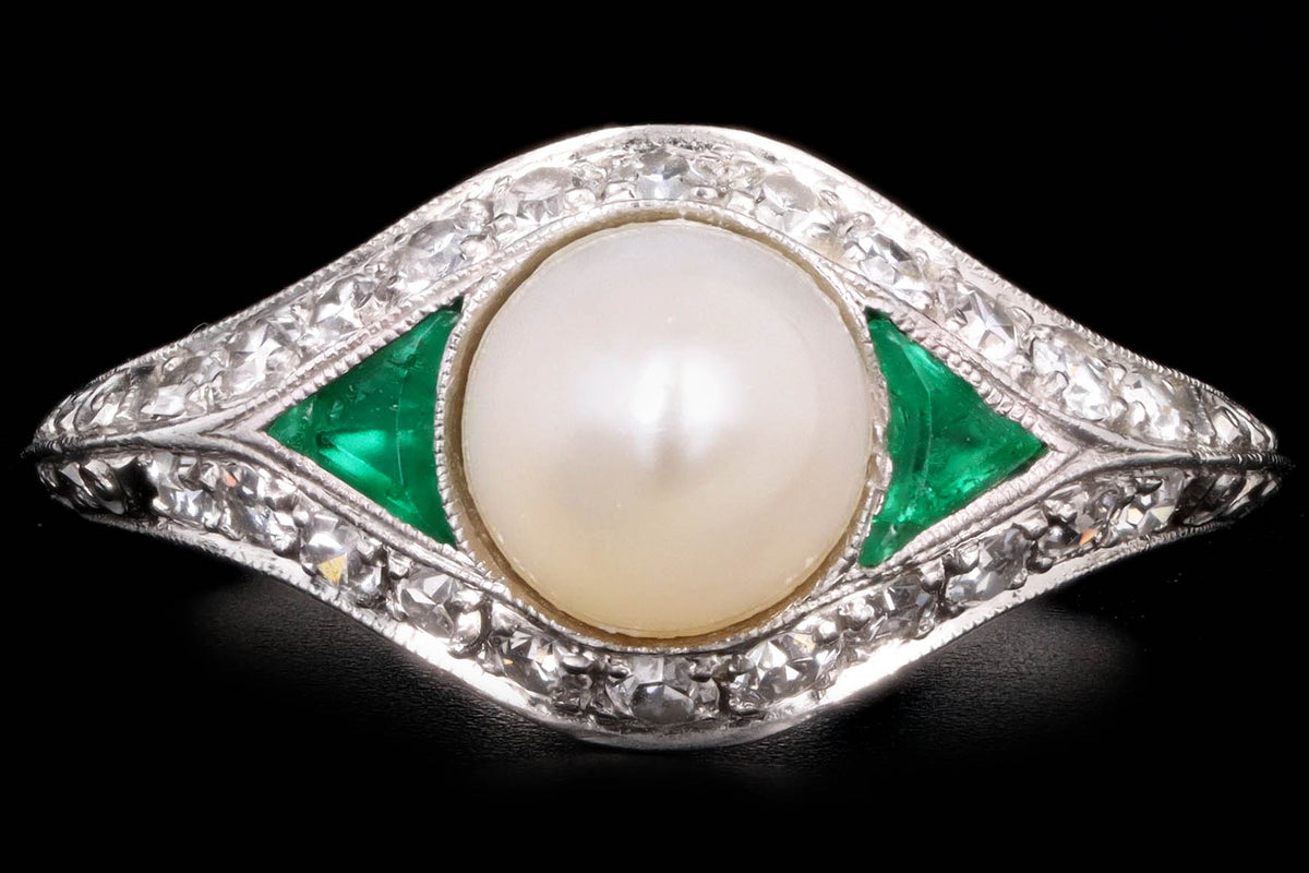 Art Deco Pearl Trillion Cut Emerald & Diamond Knife Edge Ring - Queen May