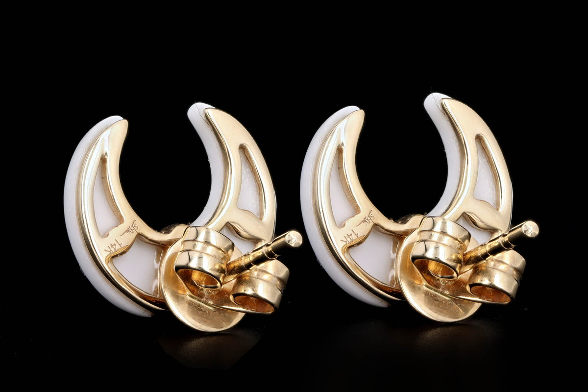 14K Yellow Gold White Onyx & Diamond Crescent Stud Earrings - Queen May