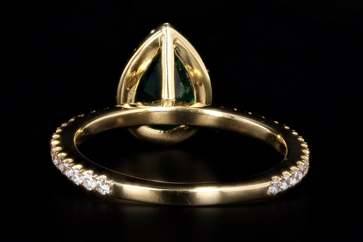 18K Yellow Gold 1.07 Carat Pear Cut Natural Emerald & Diamond Halo Ring - Queen May