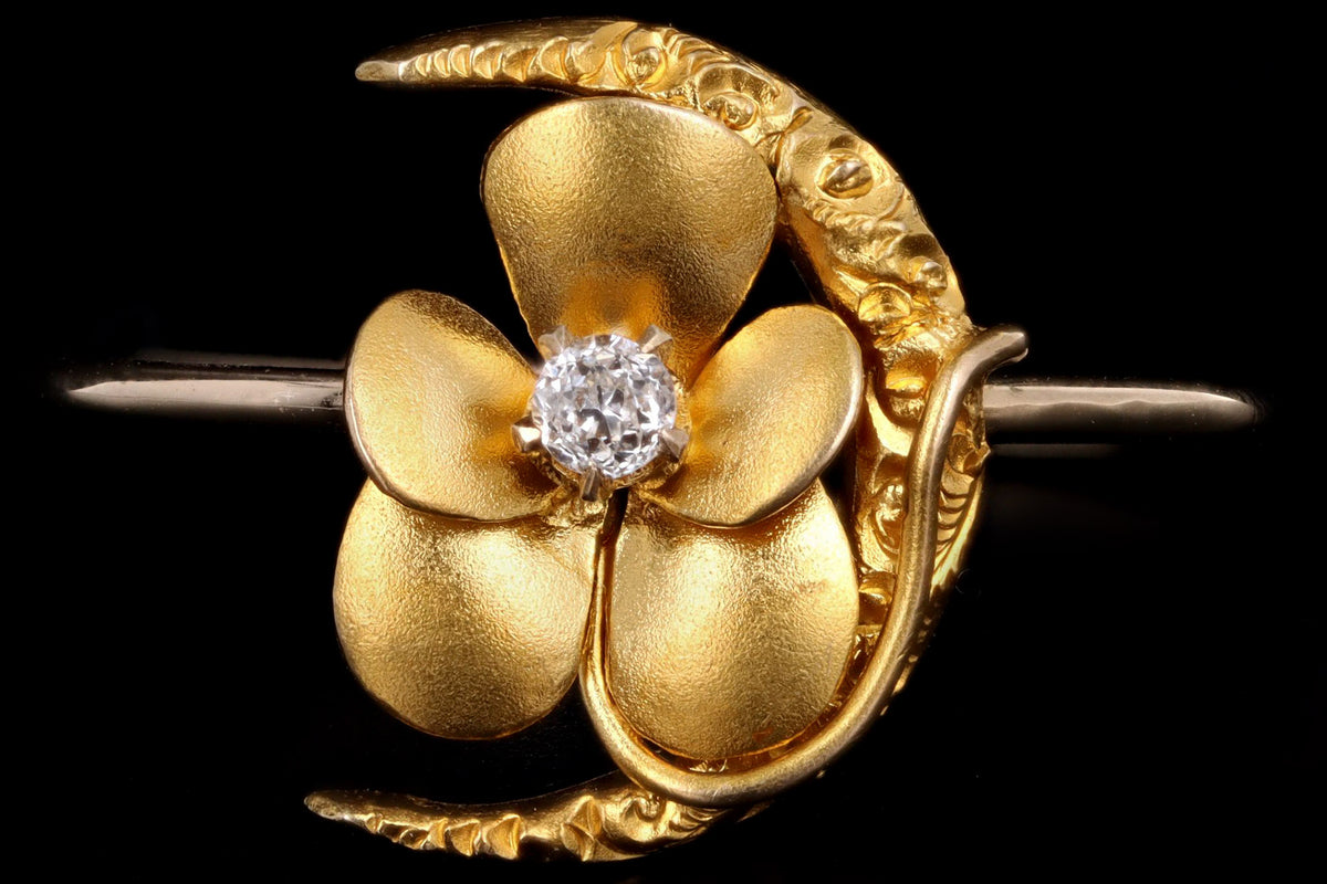 Art Nouveau 14K Yellow Gold Old European Cut Diamond Crescent Moon & Pansy Stick Pin Conversion Ring - Queen May