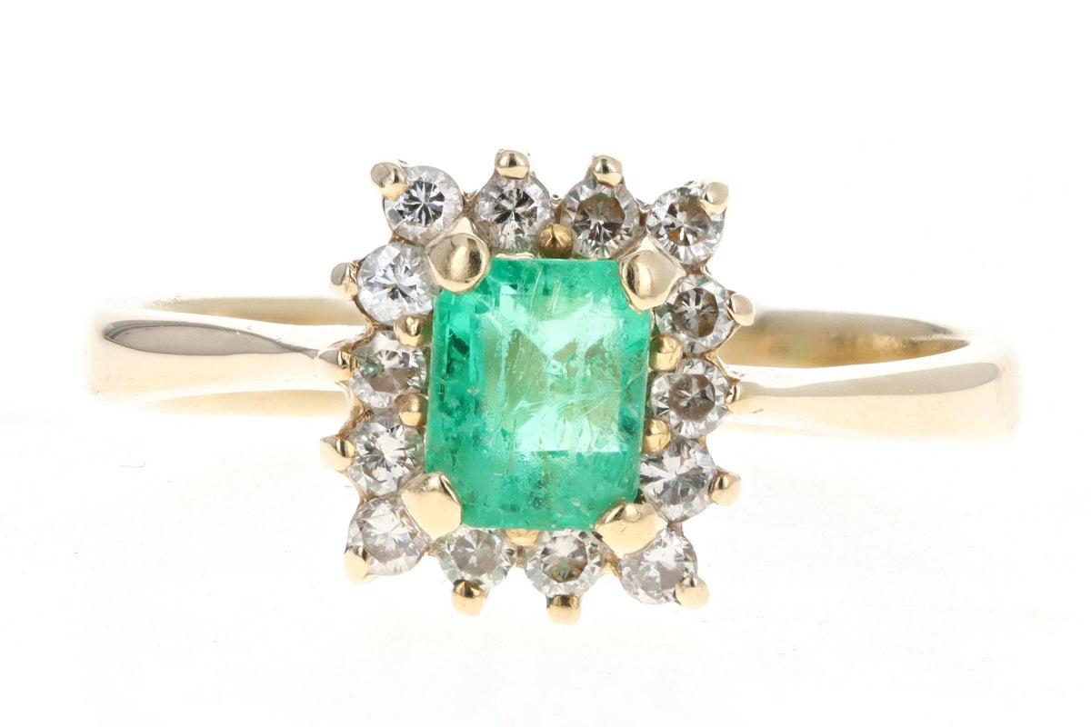 14K Yellow Gold .45 Carat Natural Emerald & Diamond Halo Ring - Queen May