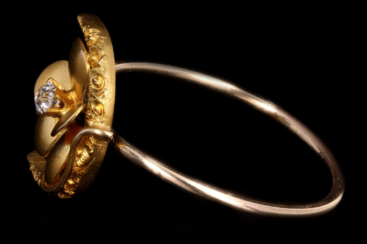 Art Nouveau 14K Yellow Gold Old European Cut Diamond Crescent Moon & Pansy Stick Pin Conversion Ring - Queen May