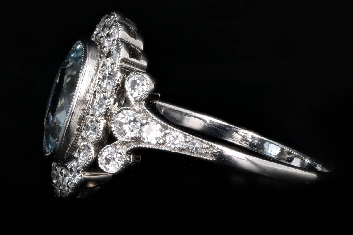 Art Deco Inspired Platinum 1.50 Carat Aquamarine & Diamond Halo Ring - Queen May