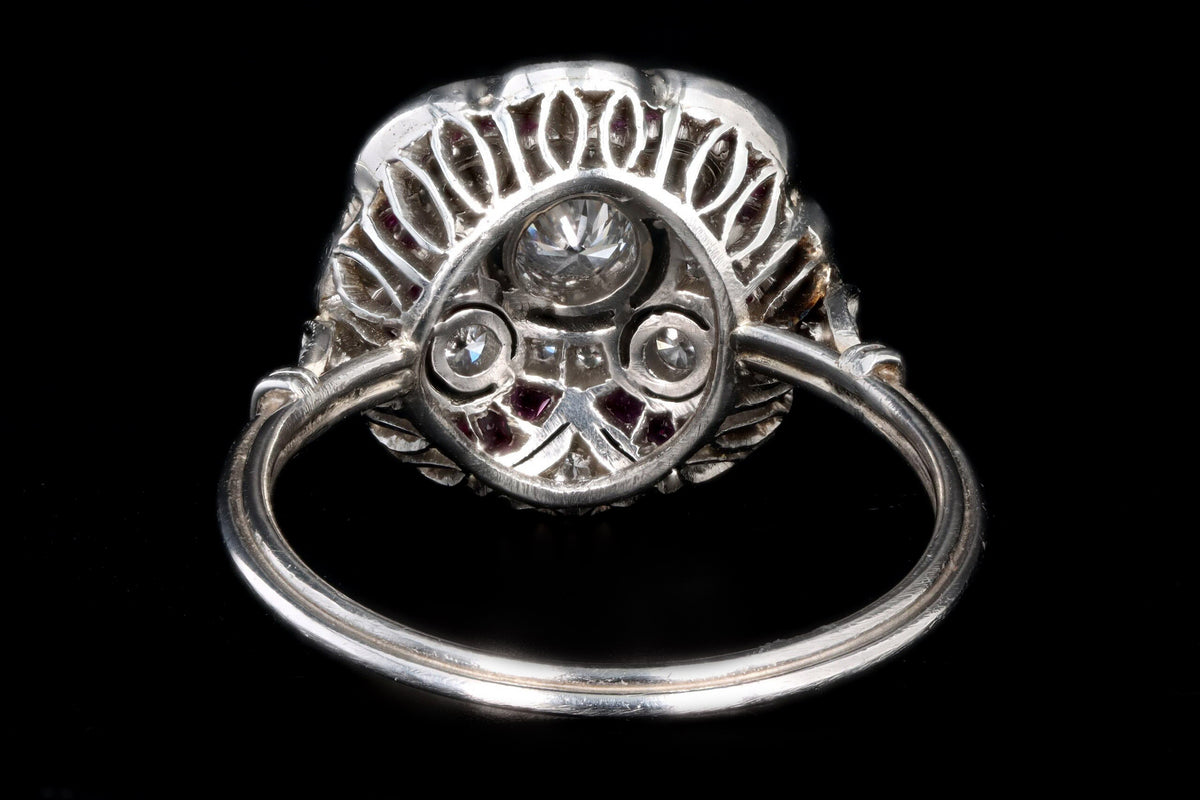 Art Deco Inspired Platinum Diamond & French Cut Natural Ruby Ring - Queen May
