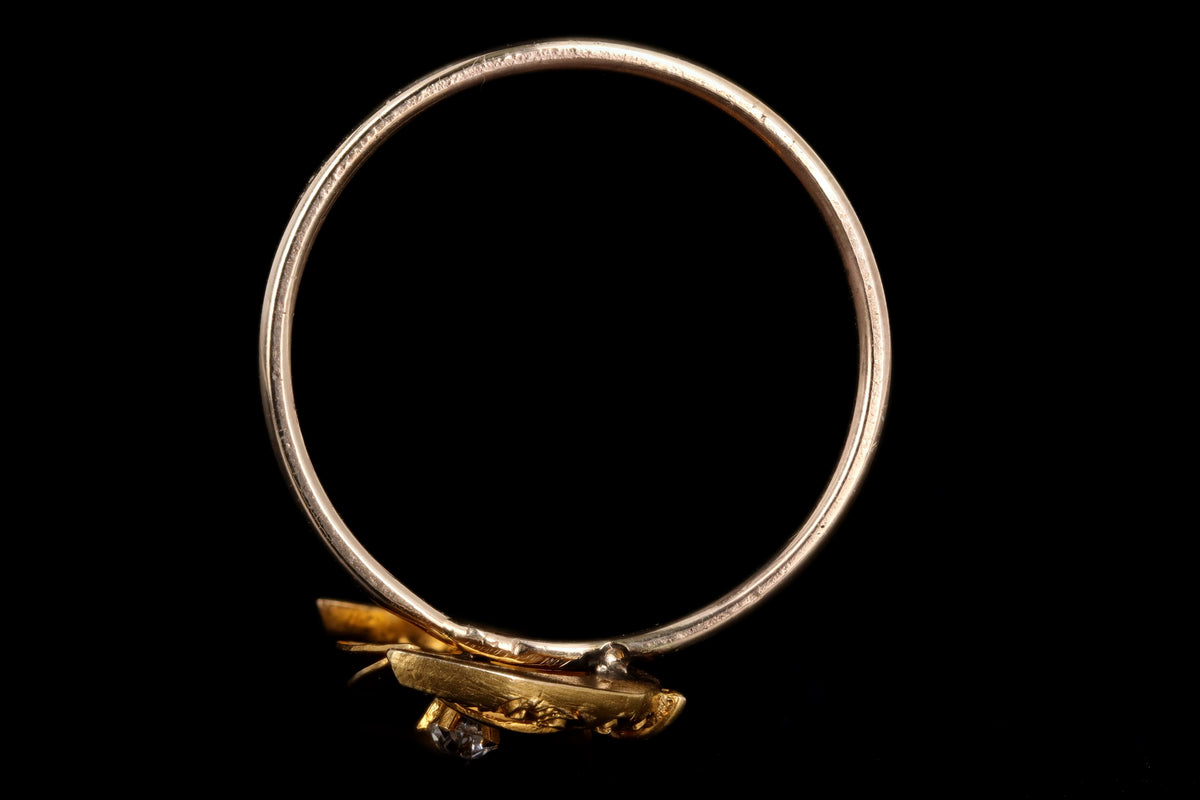 Art Nouveau 14K Yellow Gold Old European Cut Diamond Crescent Moon & Pansy Stick Pin Conversion Ring - Queen May