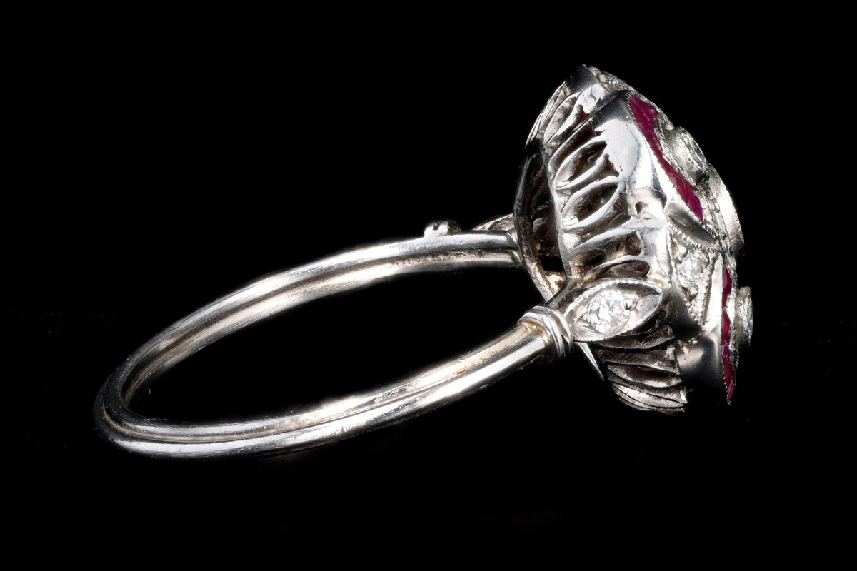 Art Deco Inspired Platinum Diamond & French Cut Natural Ruby Ring - Queen May