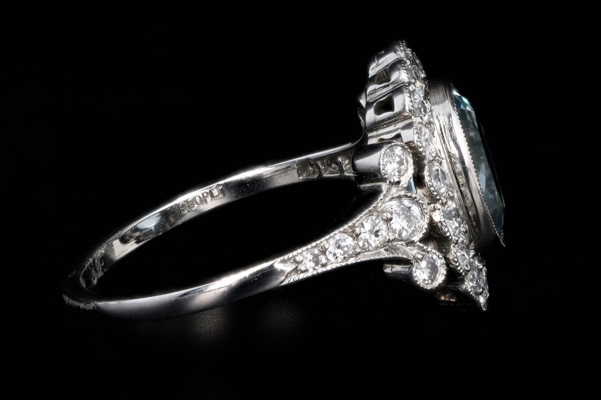 Art Deco Inspired Platinum 1.50 Carat Aquamarine & Diamond Halo Ring - Queen May
