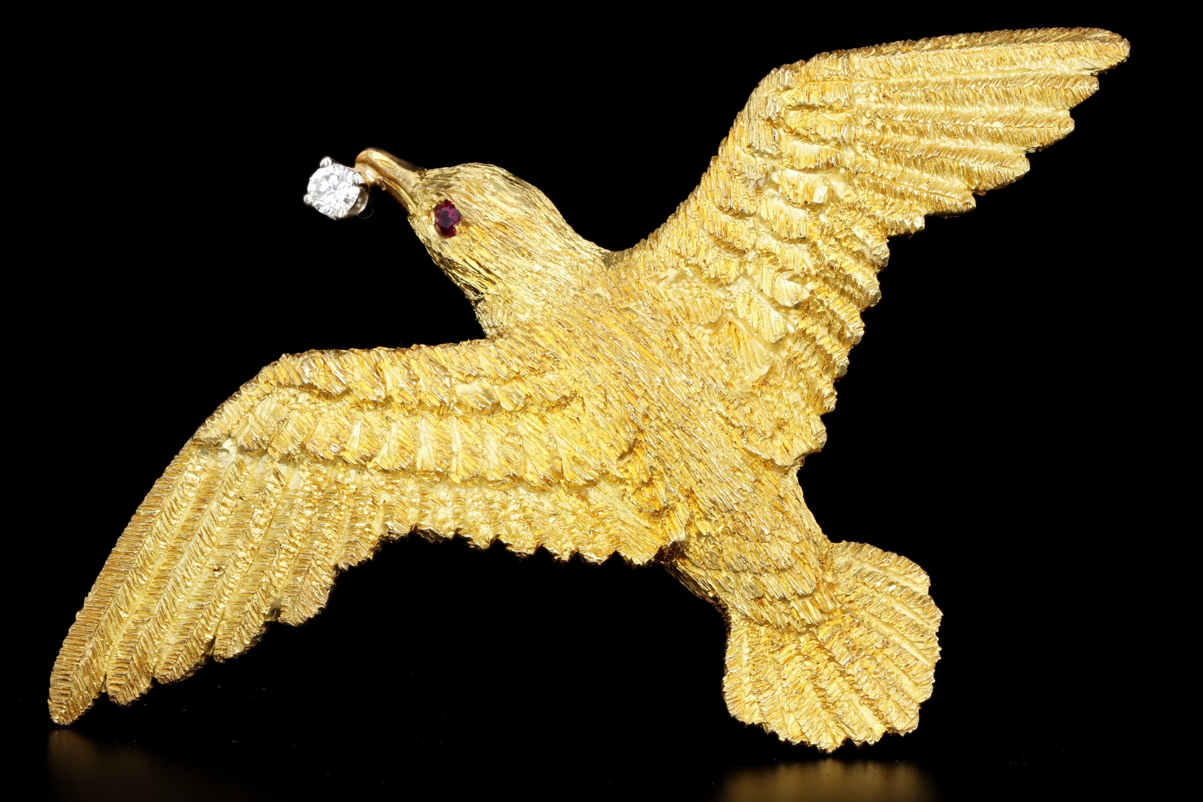 Vintage 18K Yellow Gold Diamond Dove Brooch - Queen May