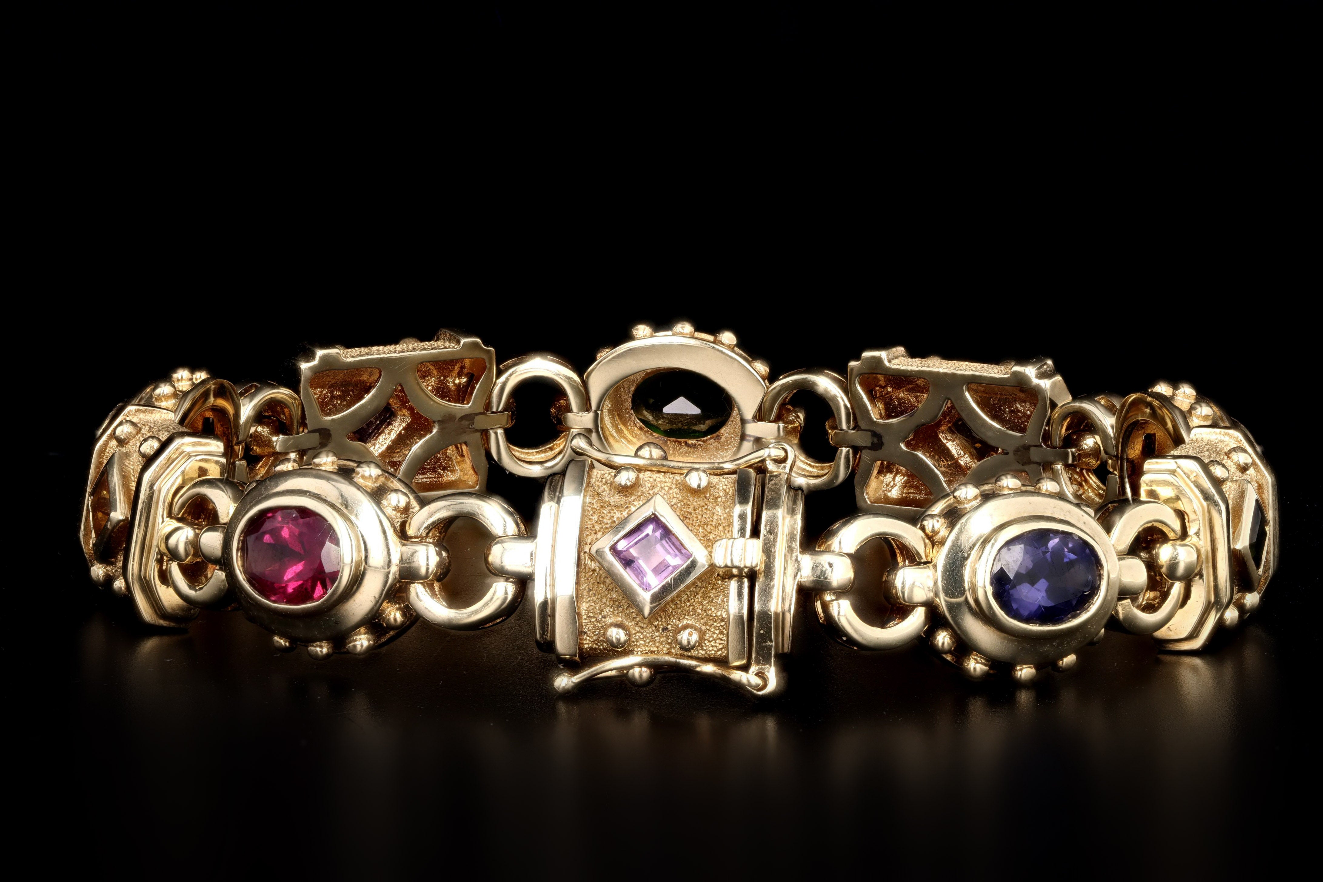 Vintage 14K Yellow Gold Multi Gem Link Bracelet - Queen May