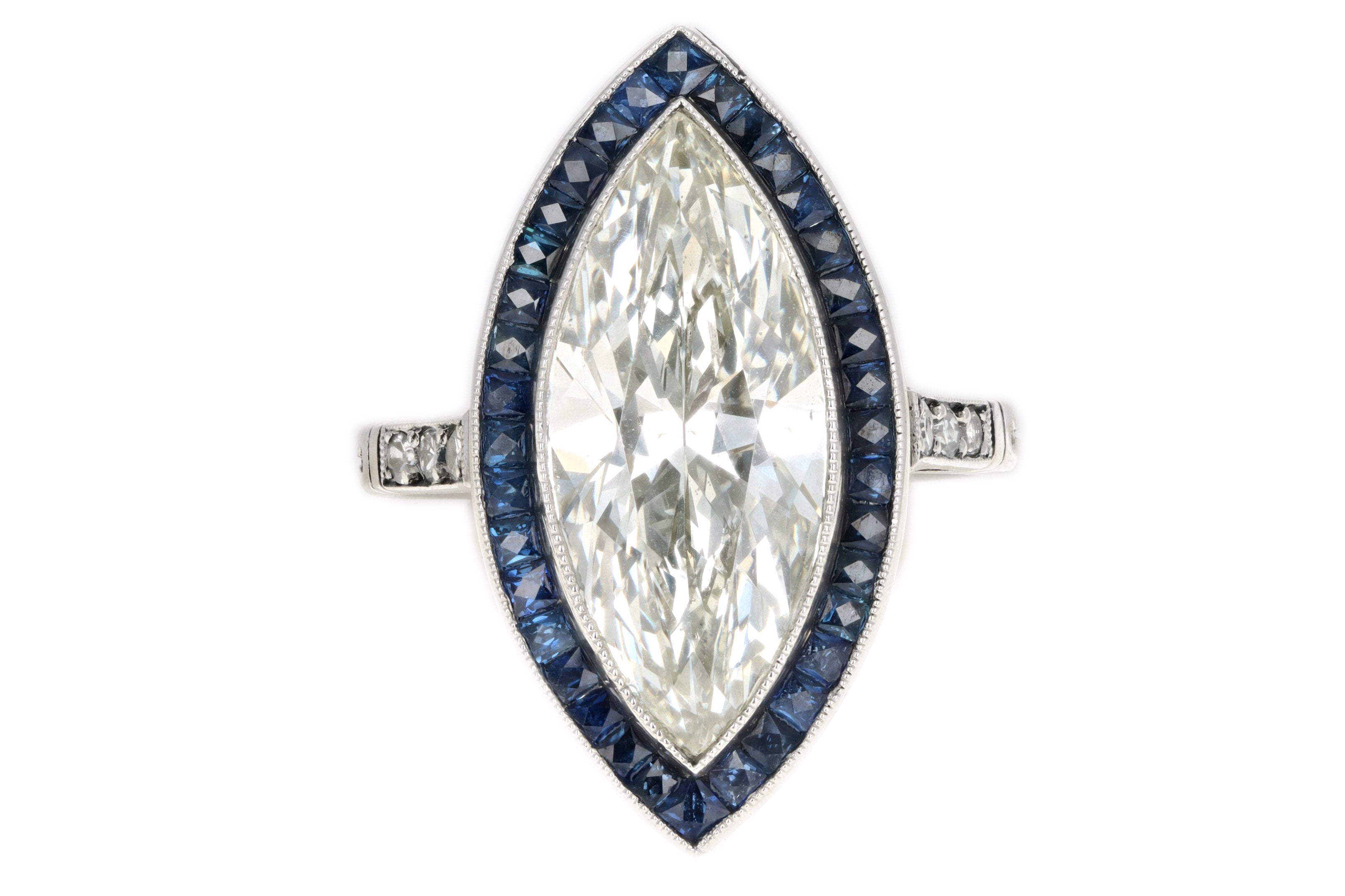 Art Deco Inspired Platinum 5.11 Carat Marquise Cut Diamond & Sapphire Ring GIA Certified - Queen May