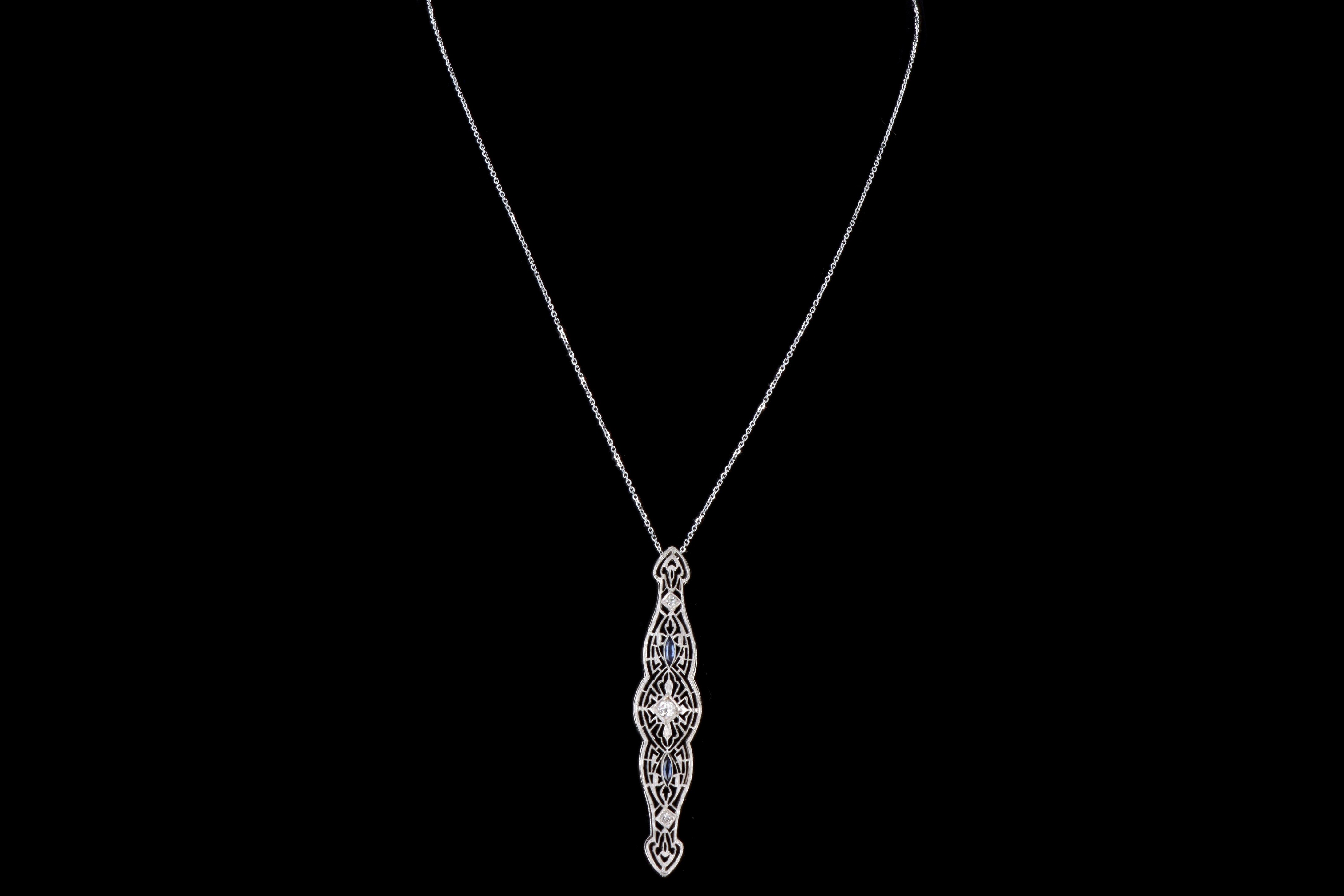 Art Deco 14K White Gold Old European Diamond & Synthetic Sapphire Bar Pin Conversion Pendant Necklace - Queen May