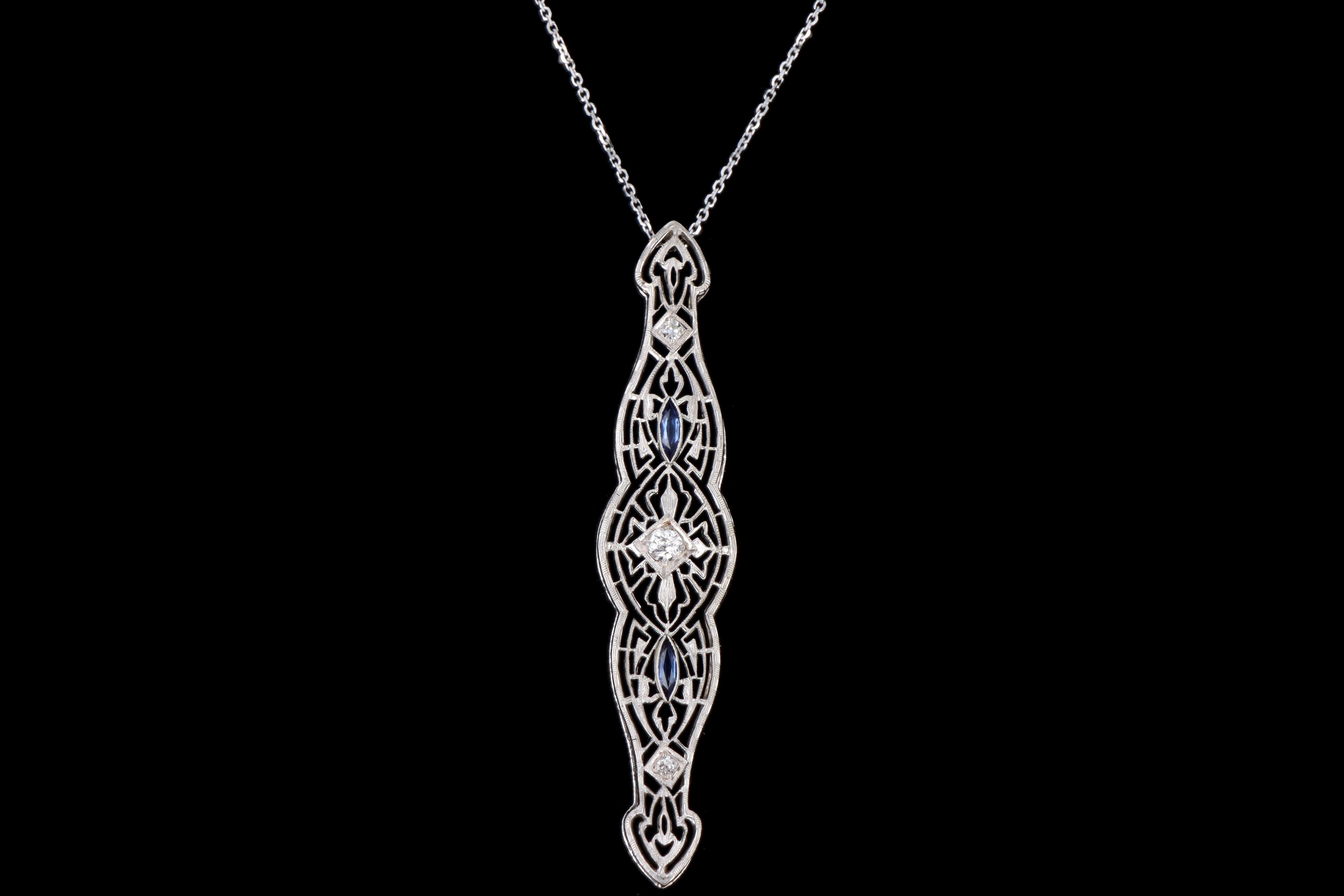 Art Deco 14K White Gold Old European Diamond & Synthetic Sapphire Bar Pin Conversion Pendant Necklace - Queen May