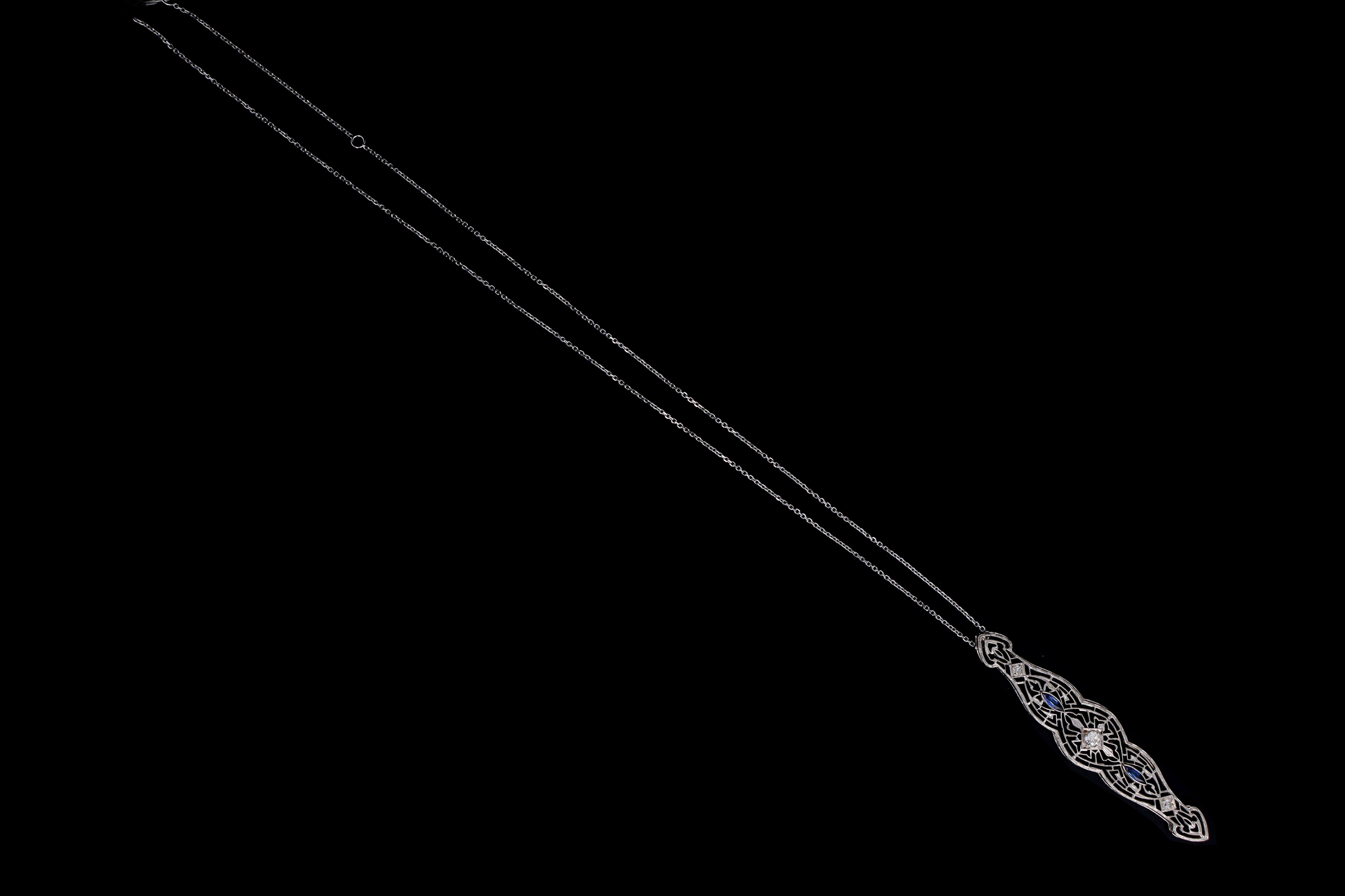 Art Deco 14K White Gold Old European Diamond & Synthetic Sapphire Bar Pin Conversion Pendant Necklace - Queen May