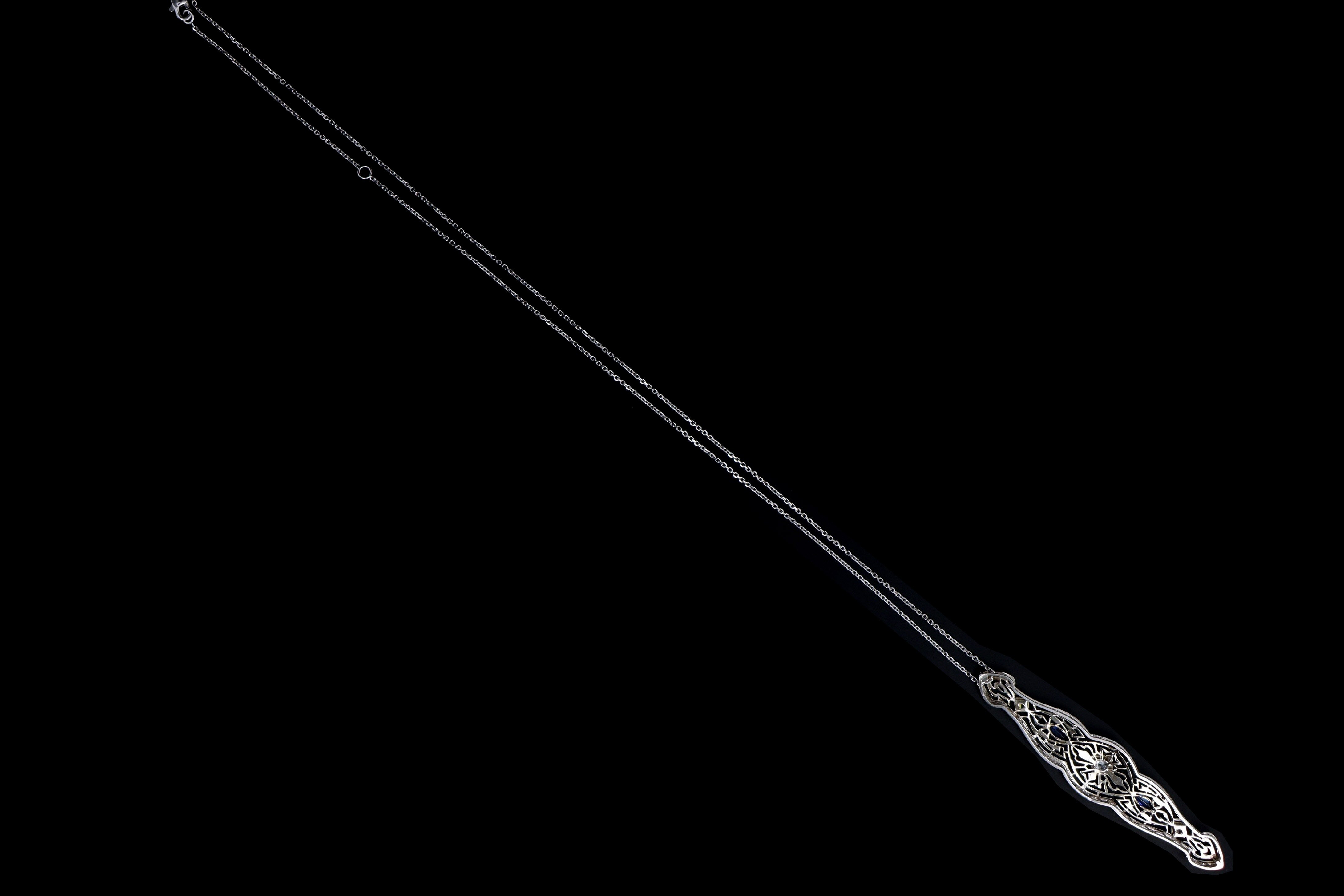 Art Deco 14K White Gold Old European Diamond & Synthetic Sapphire Bar Pin Conversion Pendant Necklace - Queen May