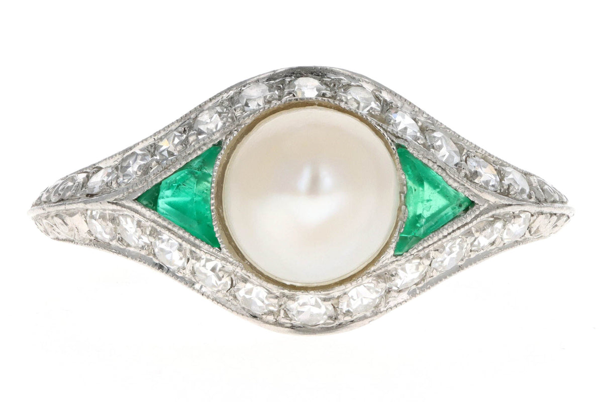 Art Deco Pearl Trillion Cut Emerald & Diamond Knife Edge Ring - Queen May
