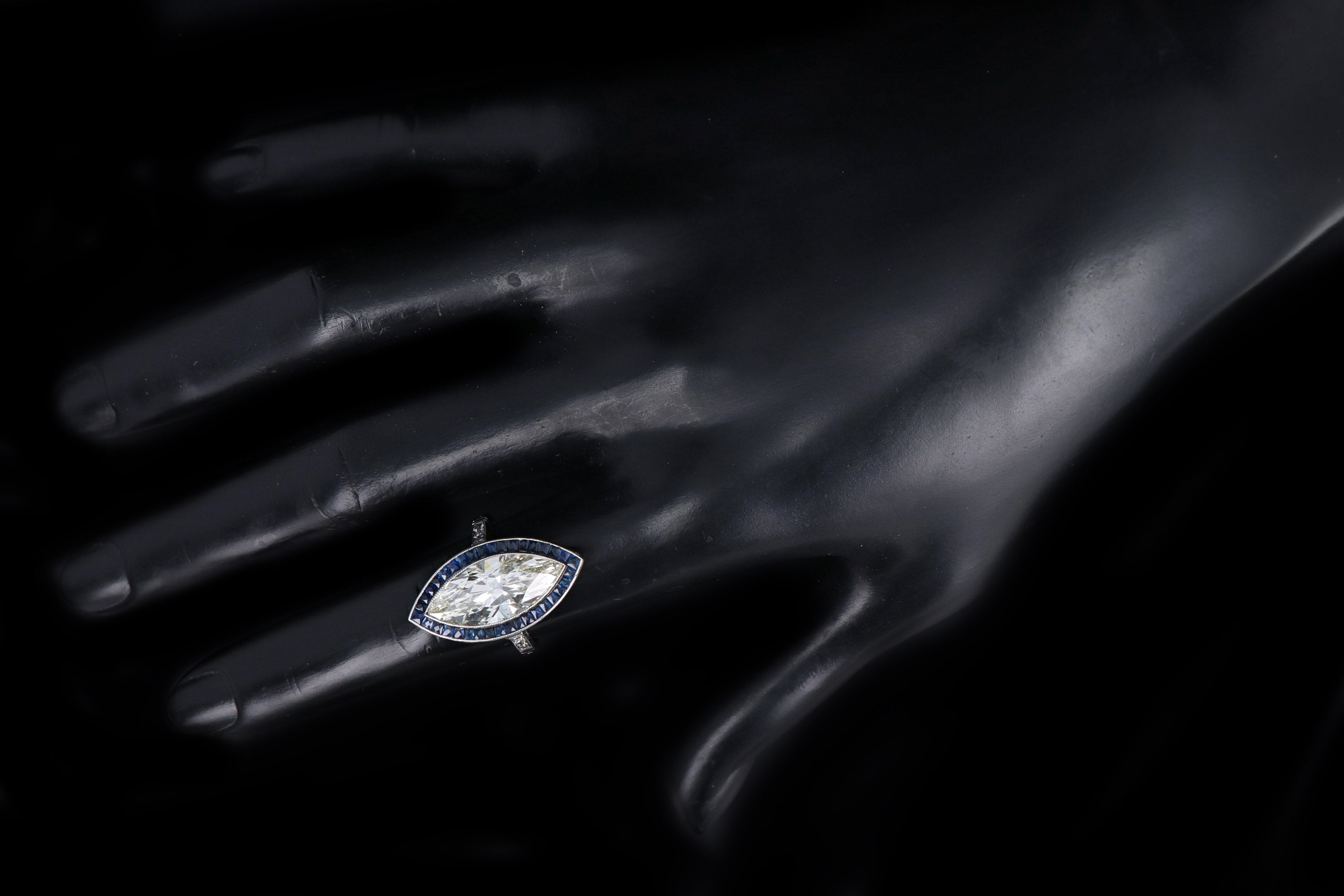Art Deco Inspired Platinum 5.11 Carat Marquise Cut Diamond & Sapphire Ring GIA Certified - Queen May