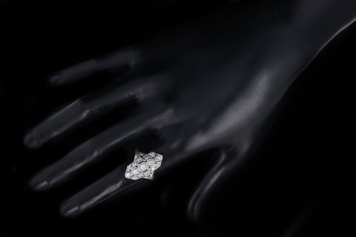 Art Deco Platinum 1 Carat Total Weight Transition Cut Diamond Shield Ring - Queen May