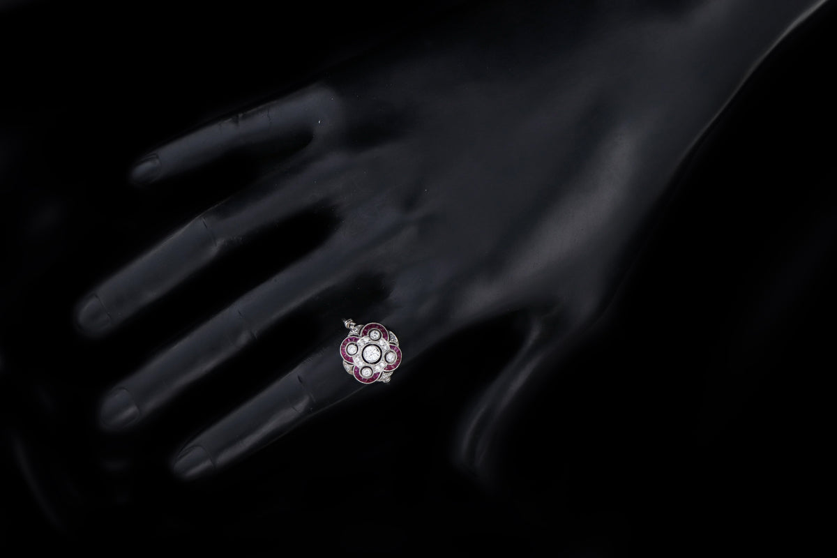 Art Deco Inspired Platinum Diamond & French Cut Natural Ruby Ring - Queen May