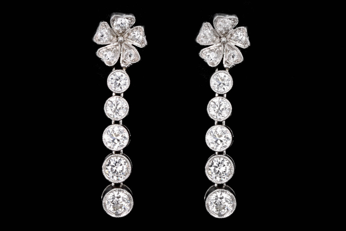 Edwardian Platinum Old European Cut Diamond Flower Drop Earrings - Queen May