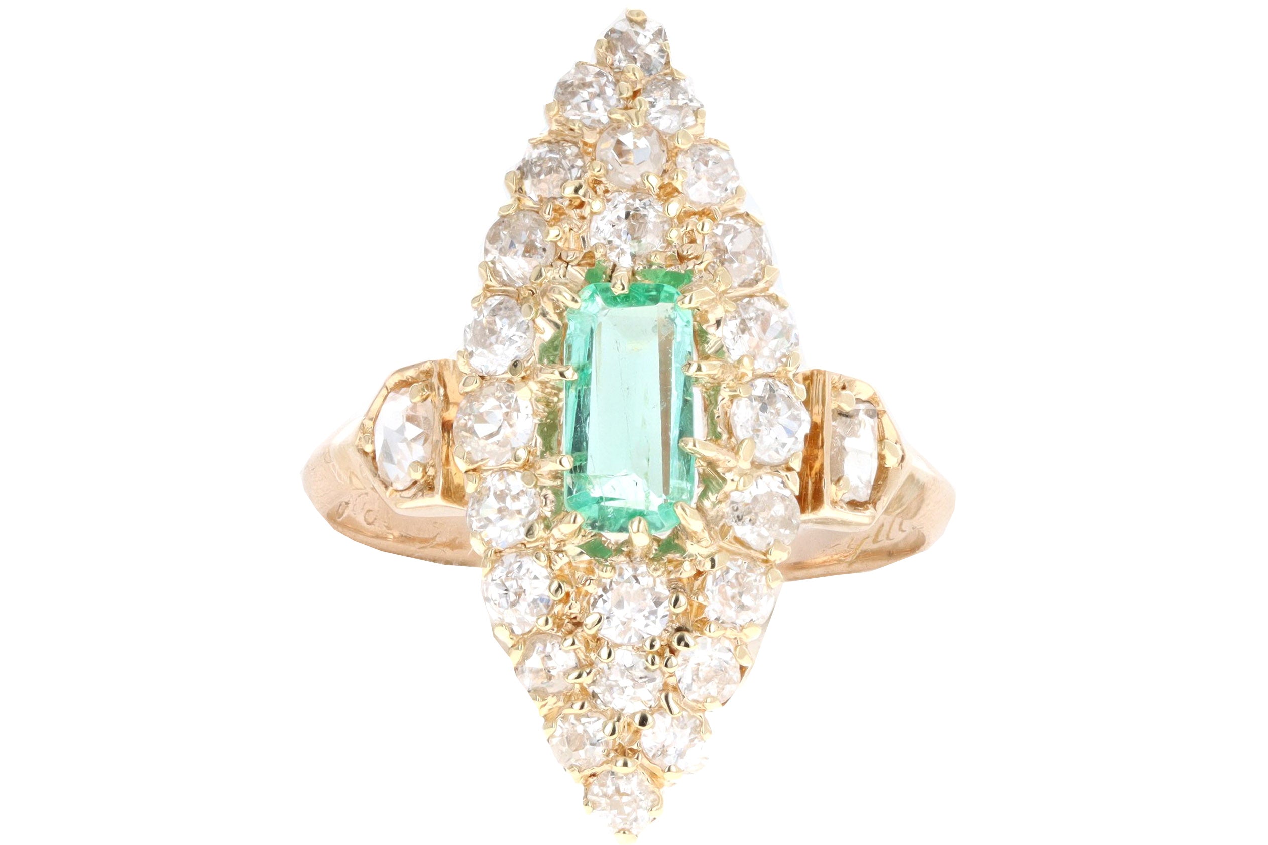 Victorian 18K Yellow Gold .35 Carat Natural Emerald & Diamond Navette Ring - Queen May