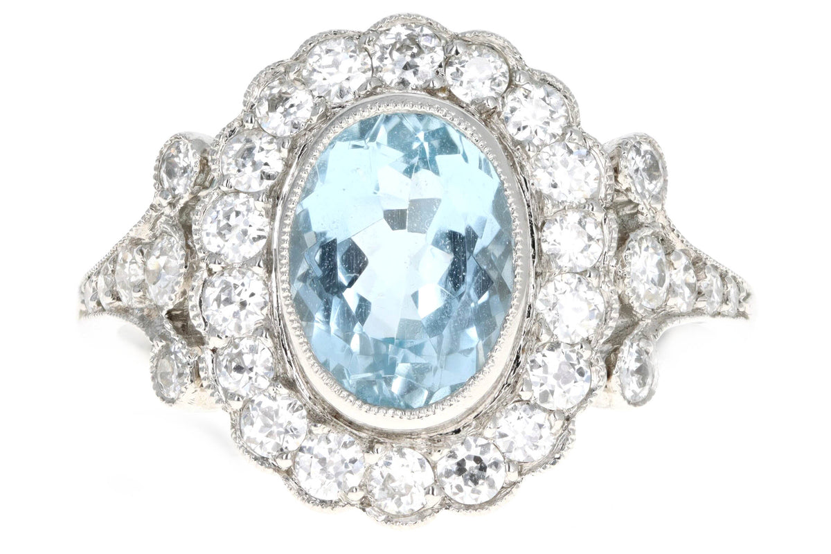 Art Deco Inspired Platinum 1.50 Carat Aquamarine & Diamond Halo Ring - Queen May