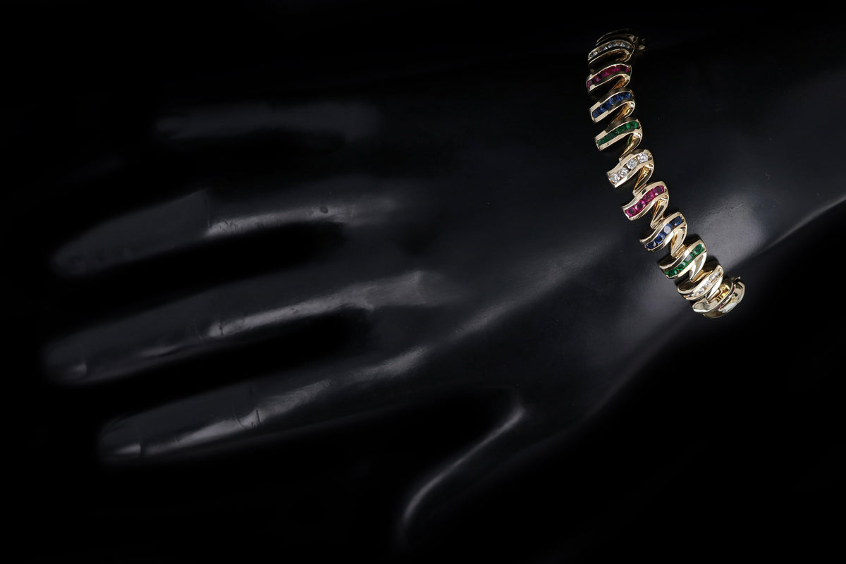 14K Yellow Gold Multi Gemstone & Diamond Swirl Link Bracelet - Queen May
