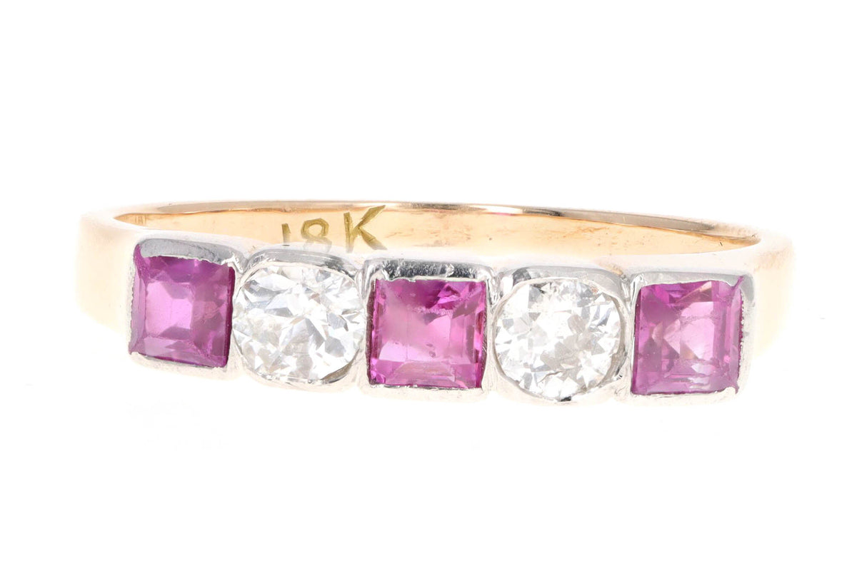 Art Deco Platinum & 18K Yellow Gold Natural Ruby & Old European Cut Diamond Band - Queen May