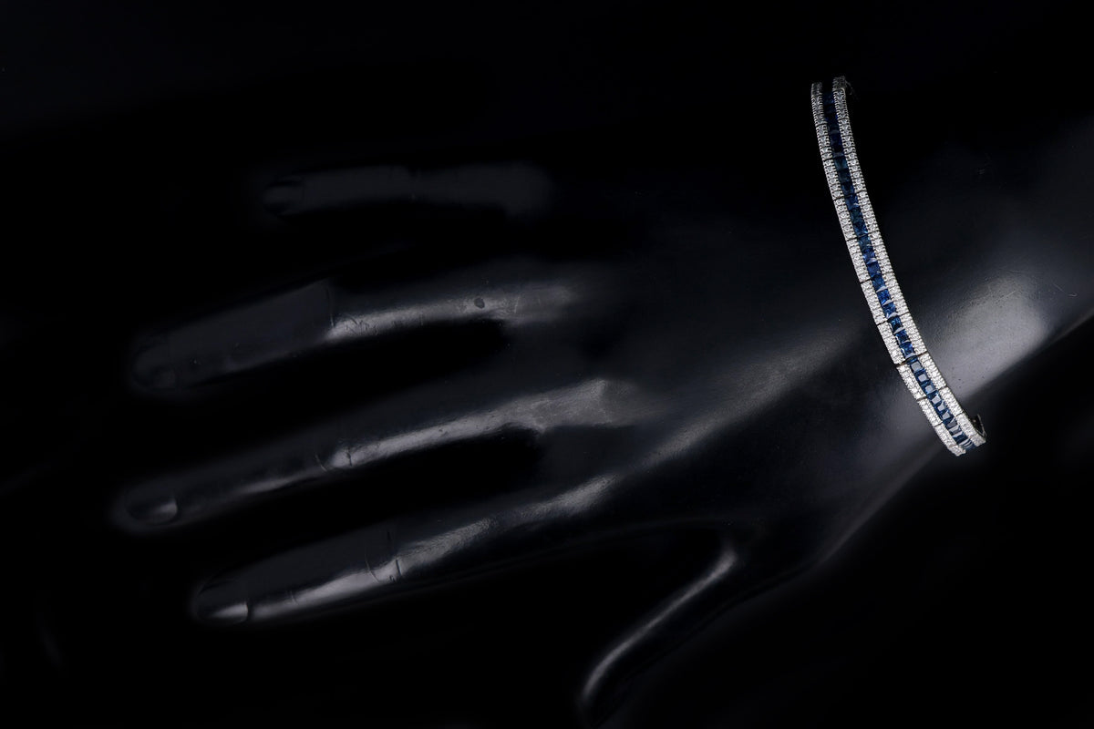 18K White Gold Natural Sapphire & Diamond Line Bracelet - Queen May